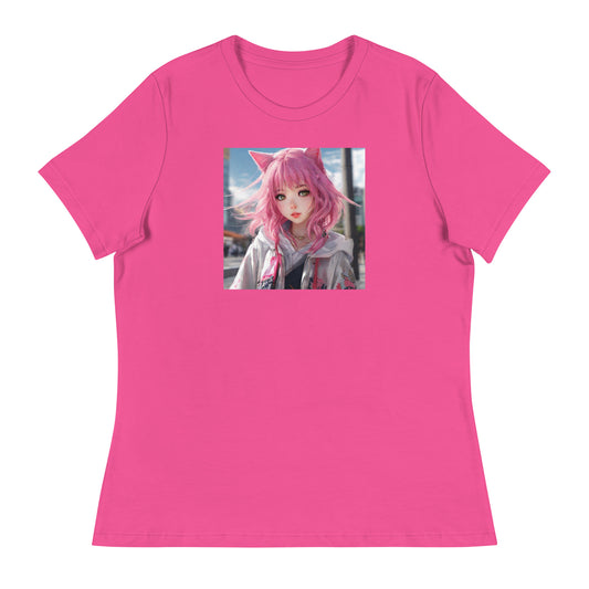 Cute Girl with Cat Ears and Pink Hair Women's Anime T-Shirt Berry