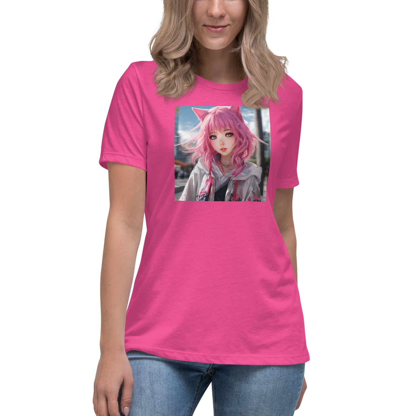 Cute Girl with Cat Ears and Pink Hair Women's Anime T-Shirt