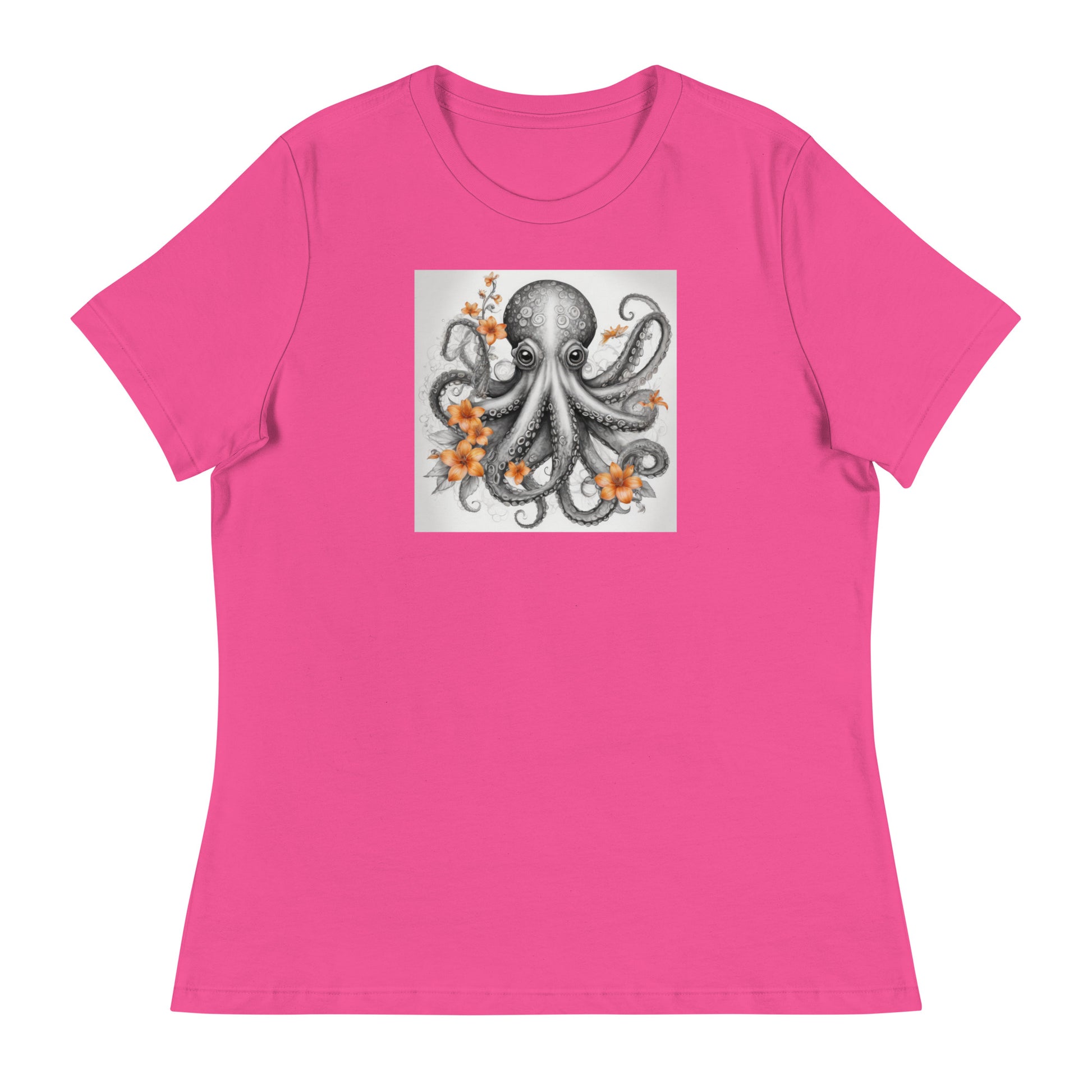 Octopus with Orange Flowers Women's Animal Lover T-Shirt Berry