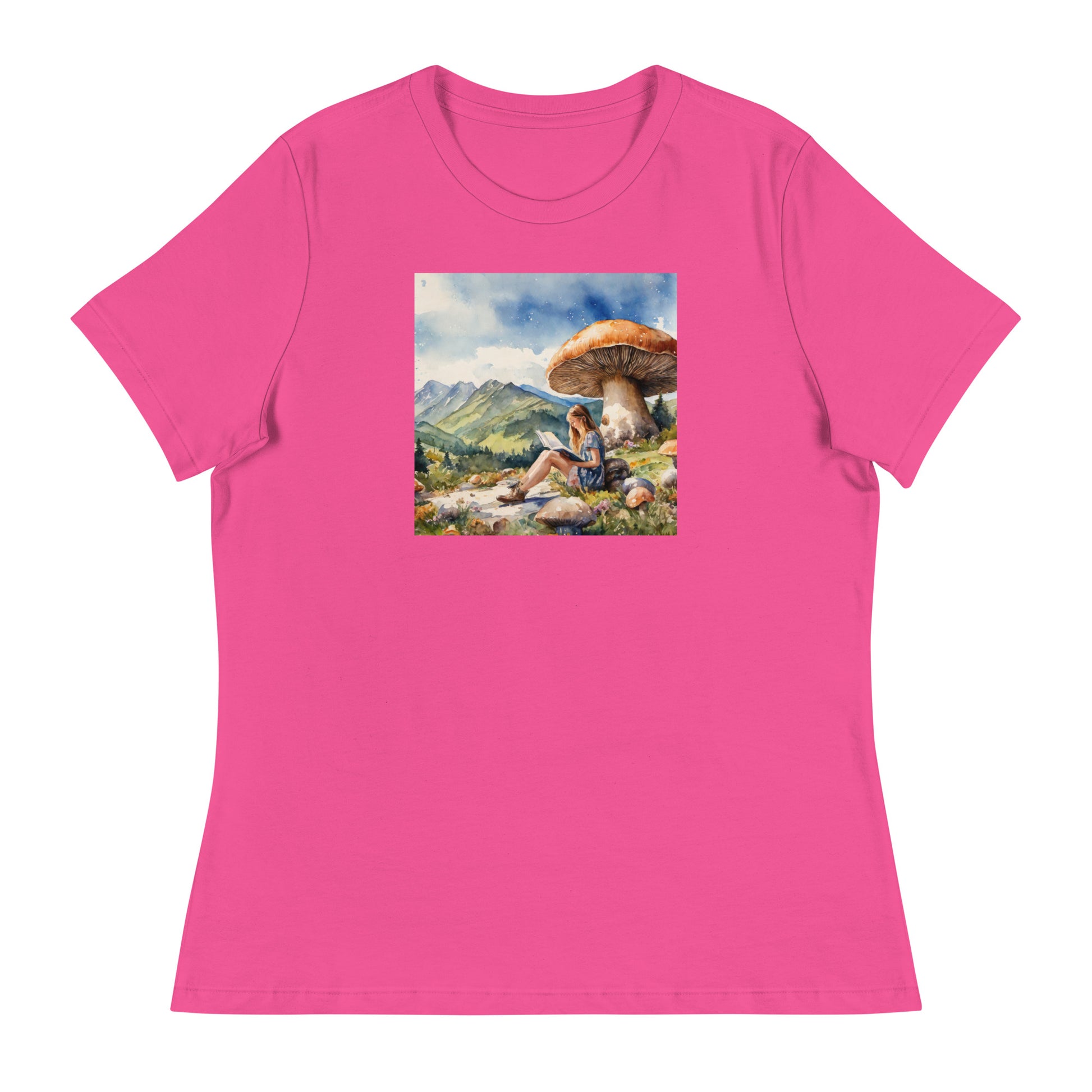 Woman Reading a Book under Large Mushroom Women's Book Lover T-Shirt Berry