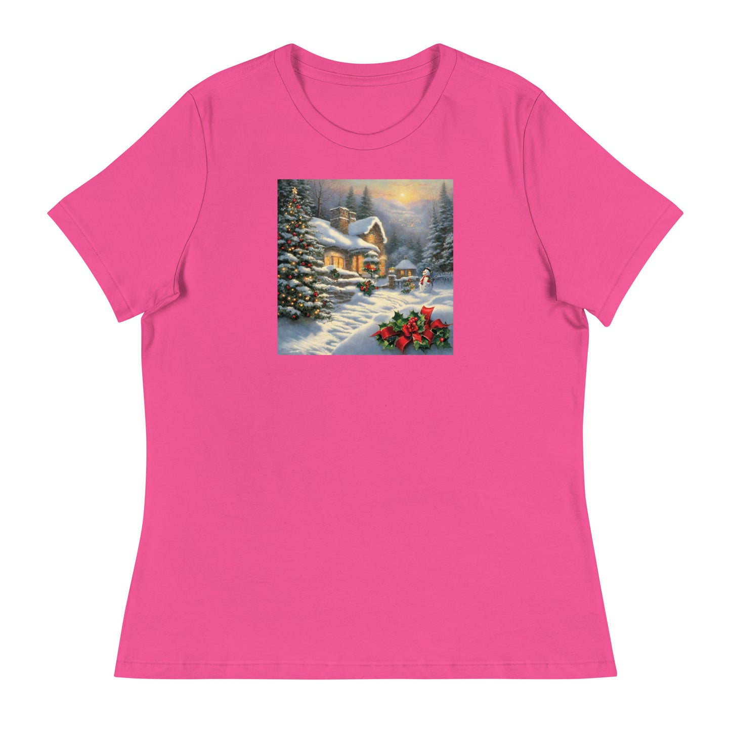 Snowy Winter Scene Women's Christmas T-Shirt Berry