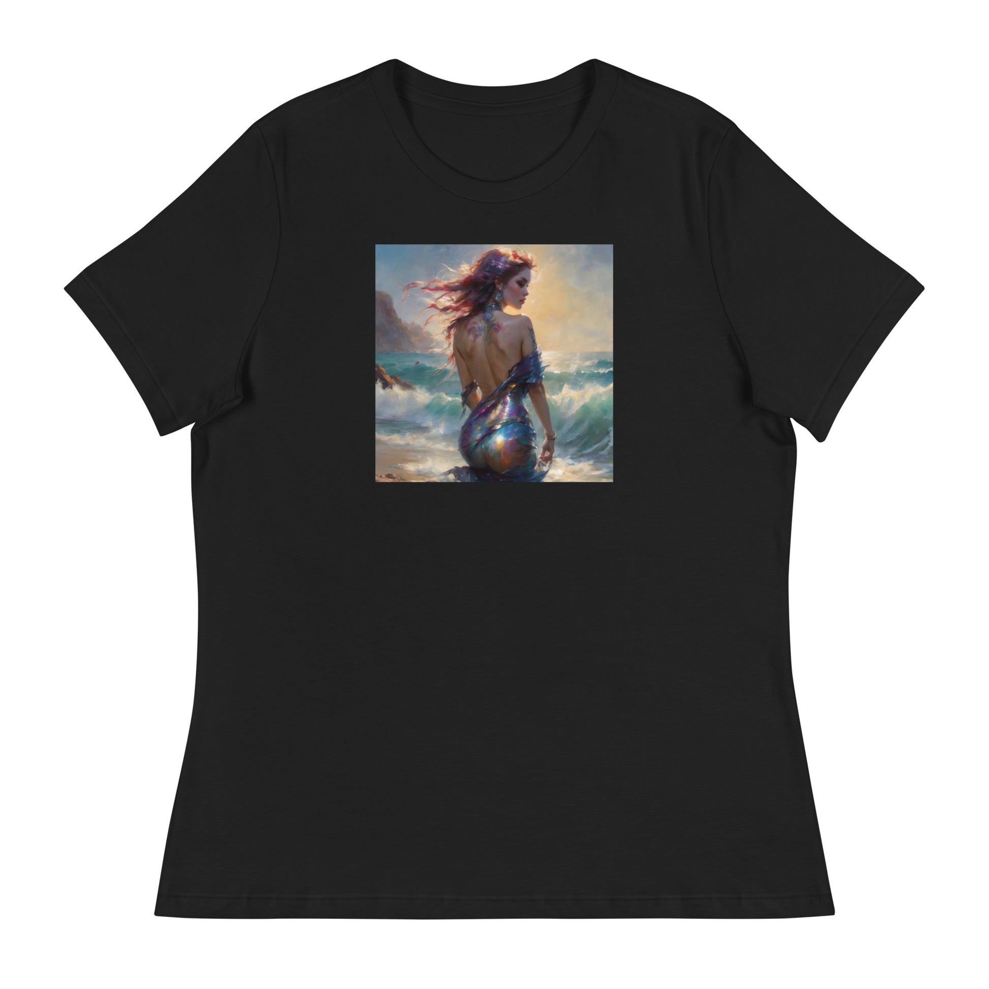 Enchanting Mermaid on Beach Women's Fantasy T-Shirt Black