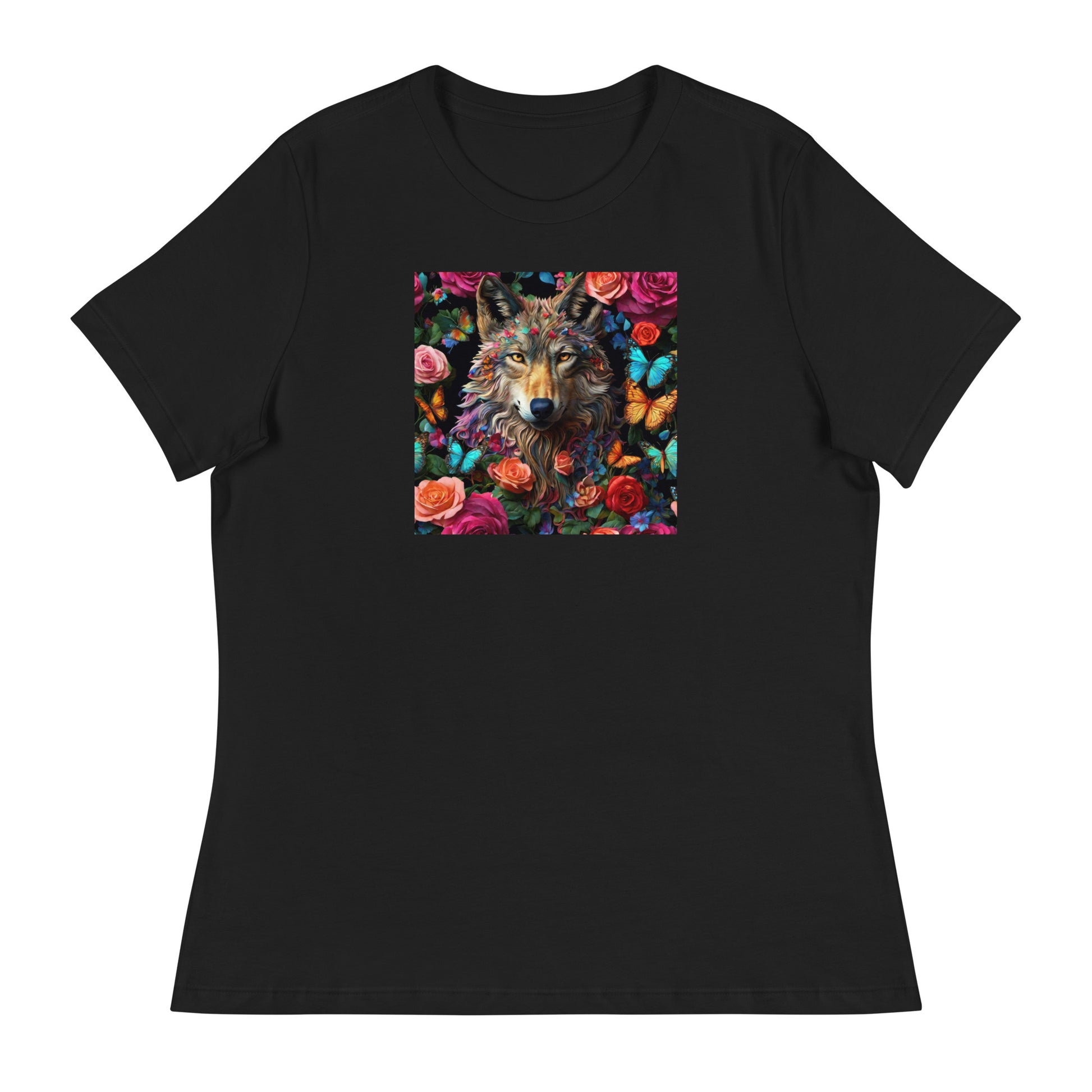 Wolf and Roses Women's Animal Lover T-Shirt Black