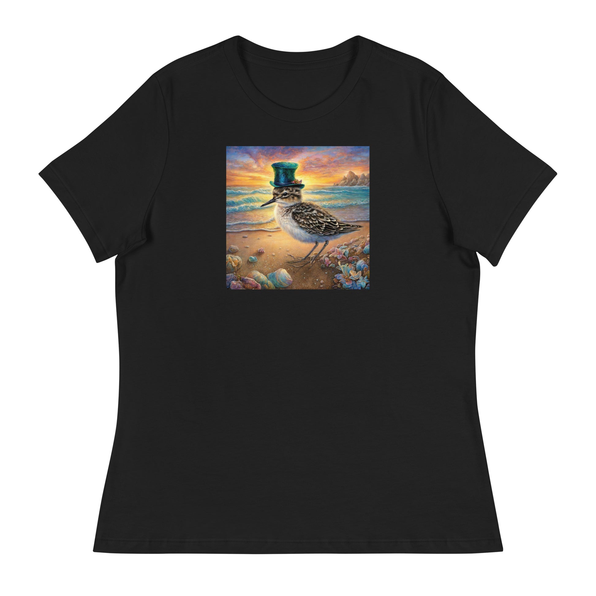 Sandpiper in Top Hat Women's Beach T-Shirt Black