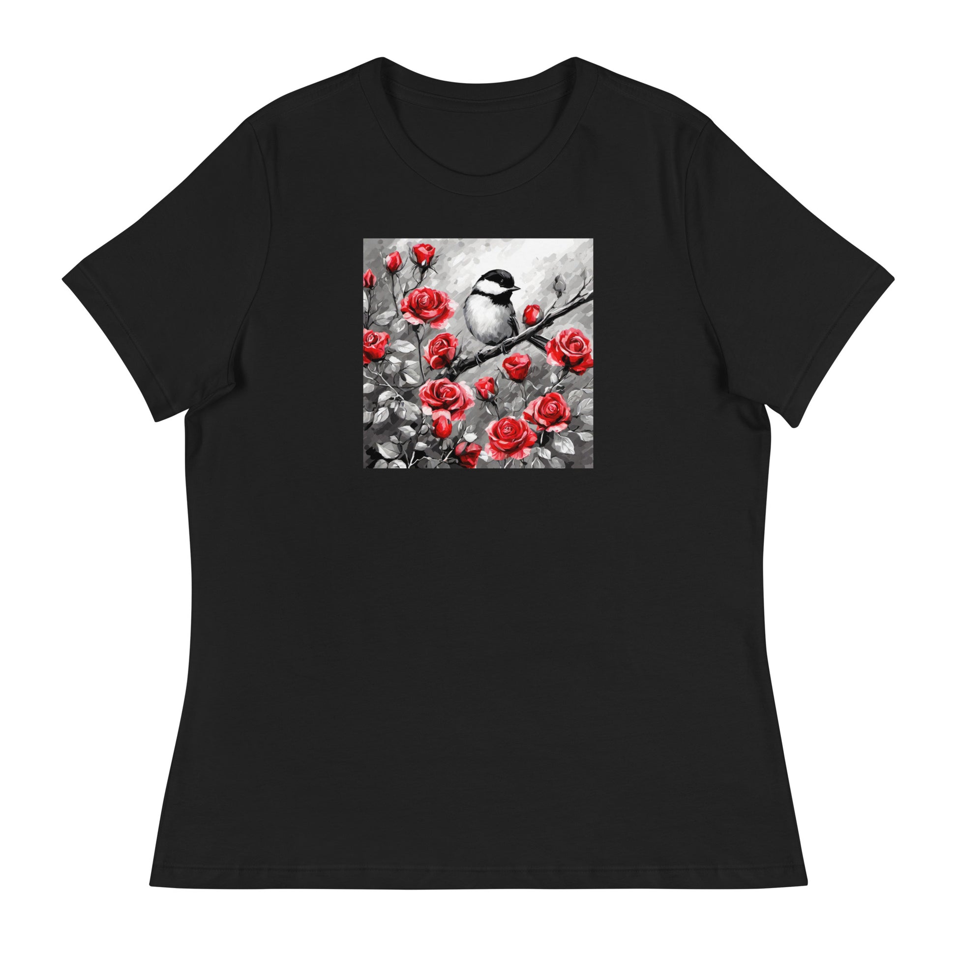 Chickadee Among Roses Women's Bird Lover T-Shirt Black