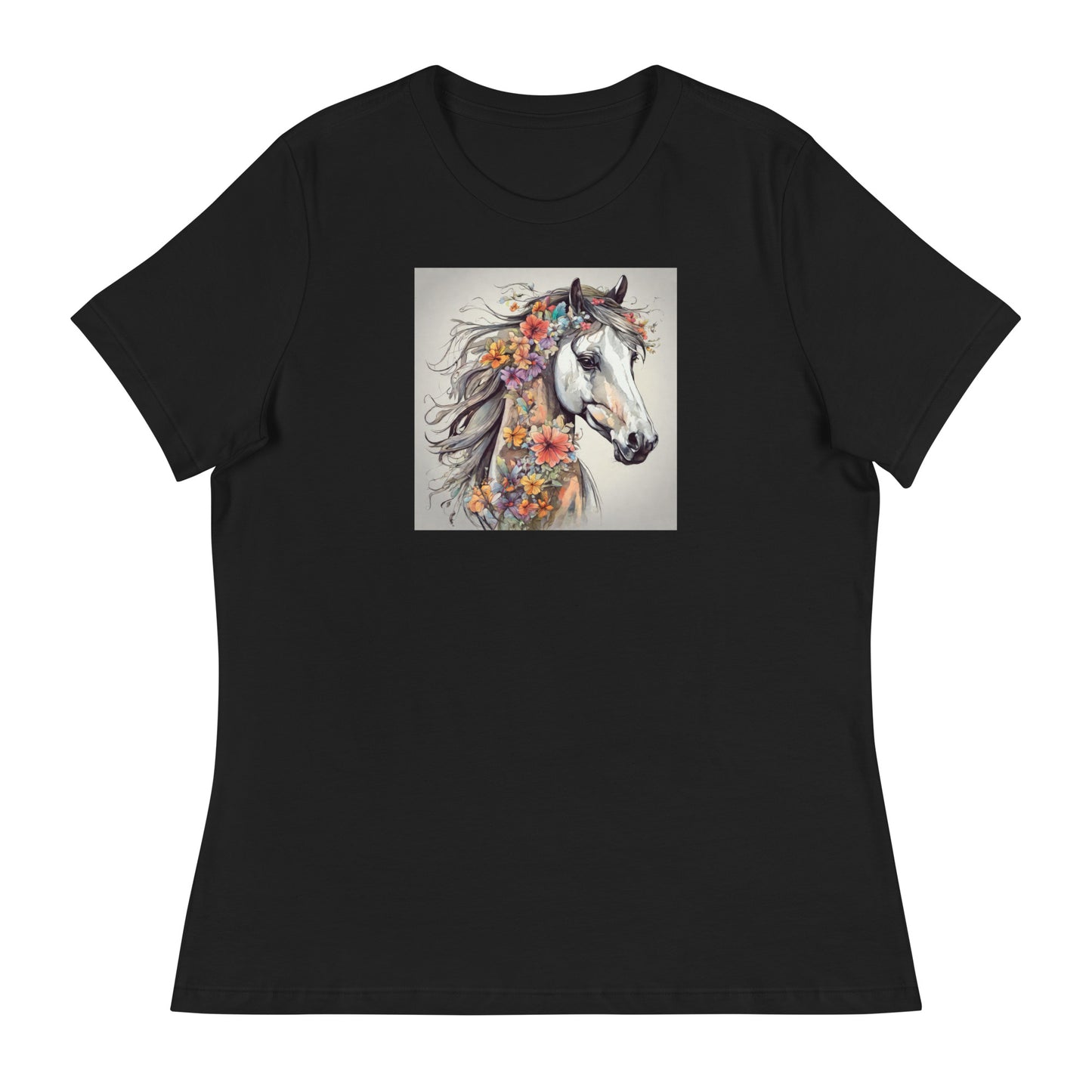 Horse with Flowers Women's Animal Lover T-Shirt Black