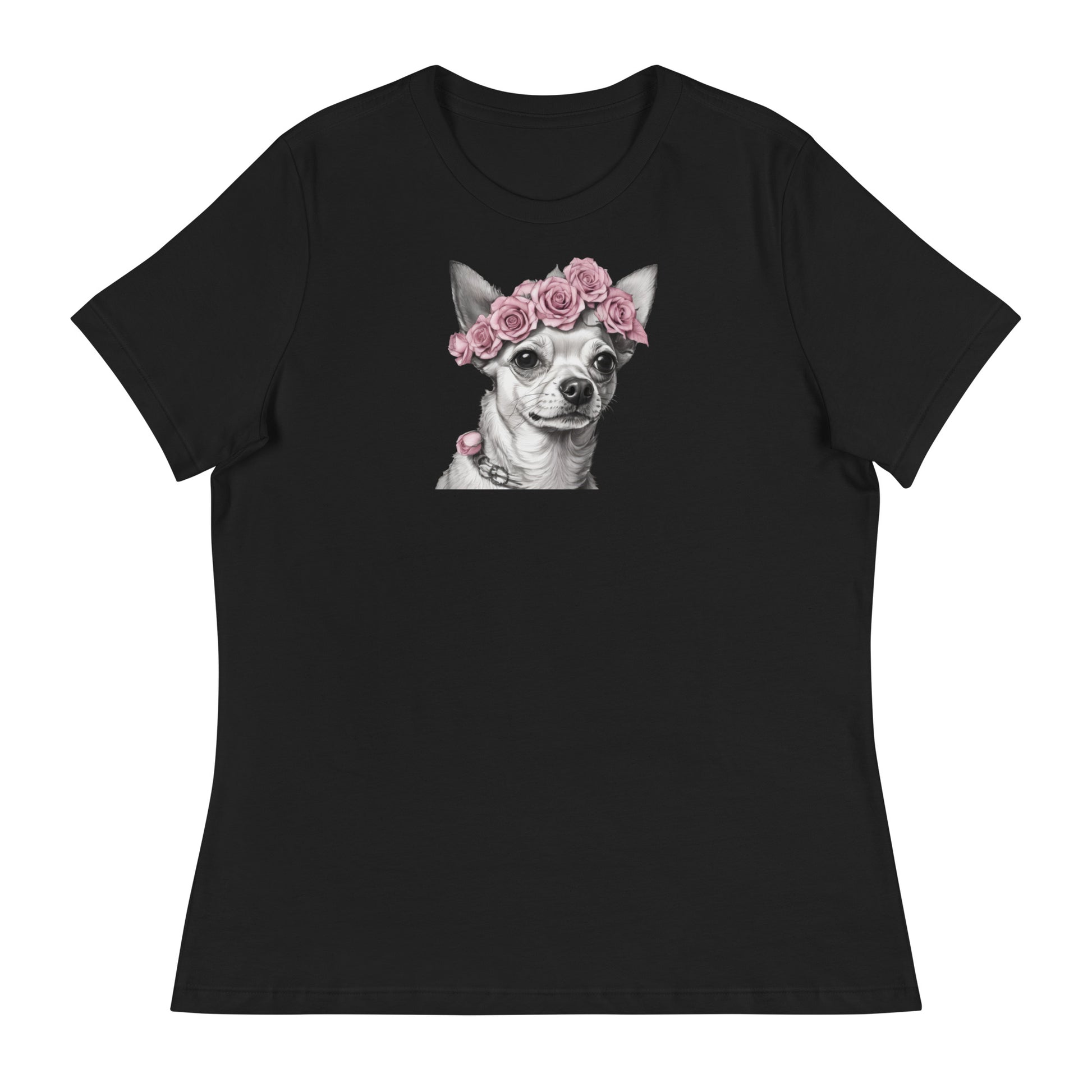 Chihuahua with Pink Rose Wreath Women's Dog Lover T-Shirt Black