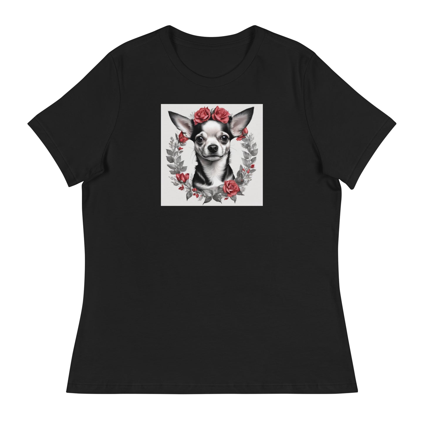 Chihuahua with Red Rose Wreath Women's Dog Lover T-Shirt Black