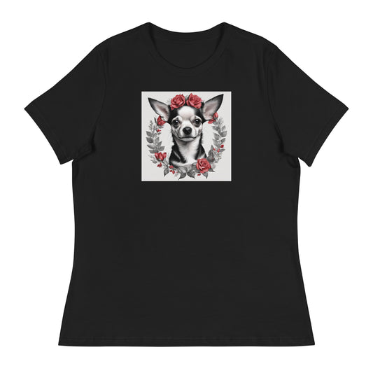 Chihuahua with Red Rose Wreath Women's Dog Lover T-Shirt Black