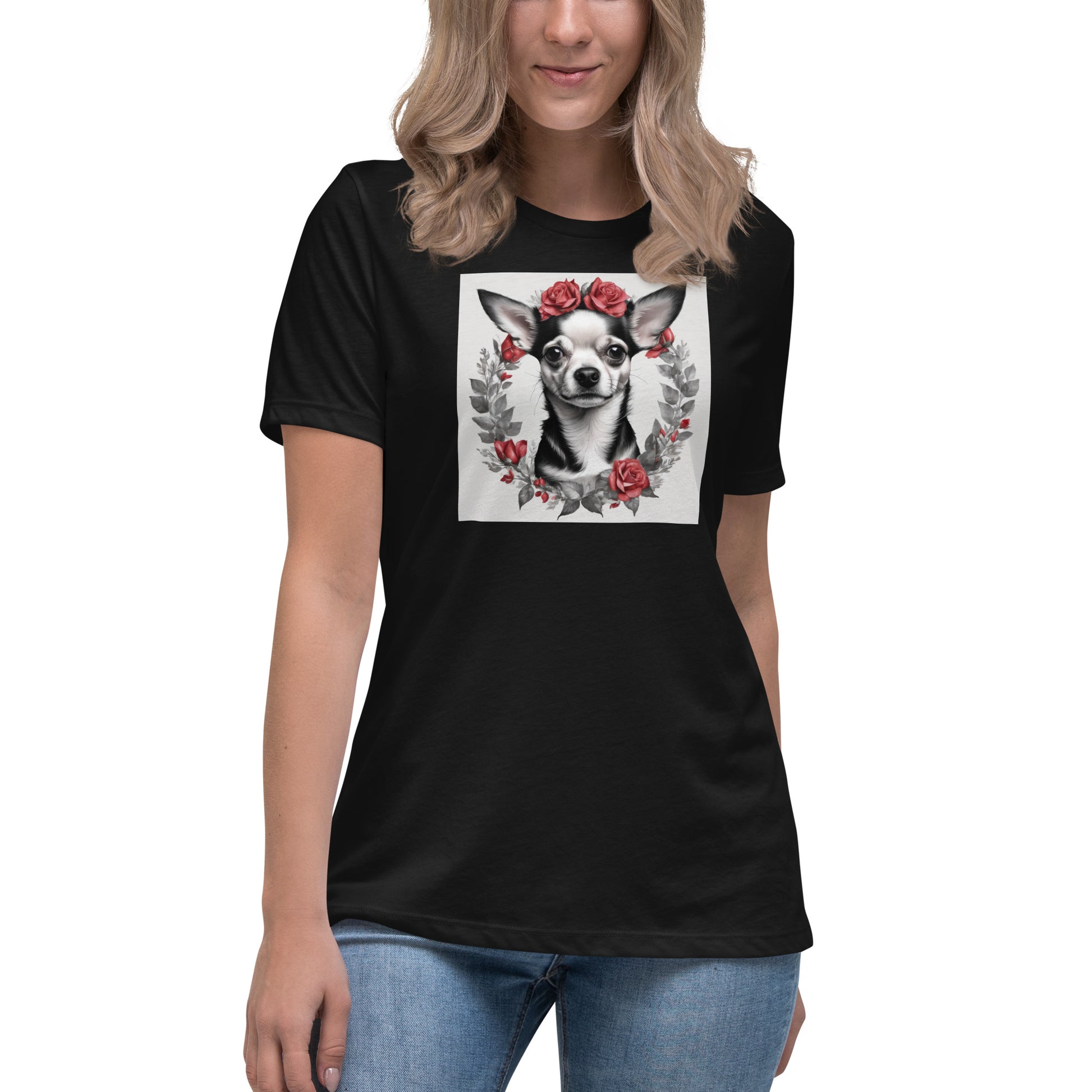 Chihuahua with Red Rose Wreath Women's Dog Lover T-Shirt