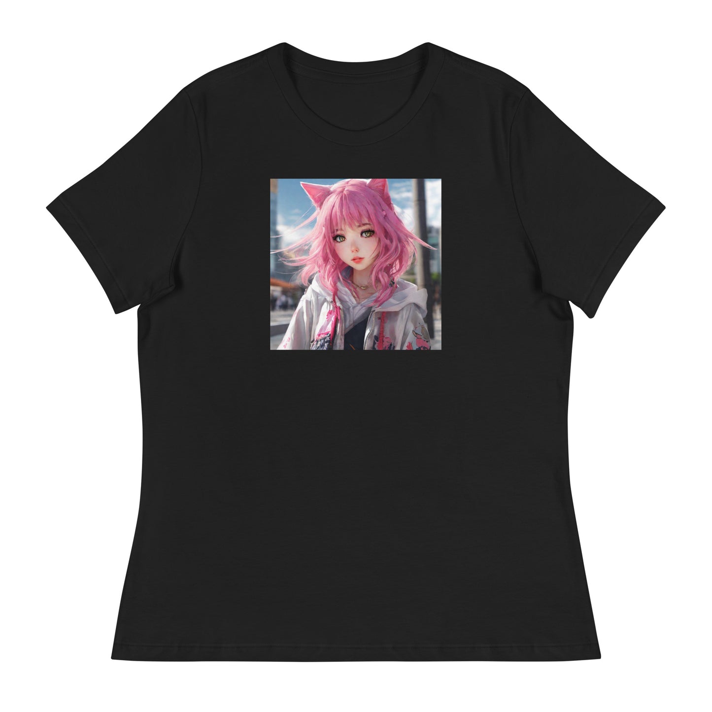 Cute Girl with Cat Ears and Pink Hair Women's Anime T-Shirt Black