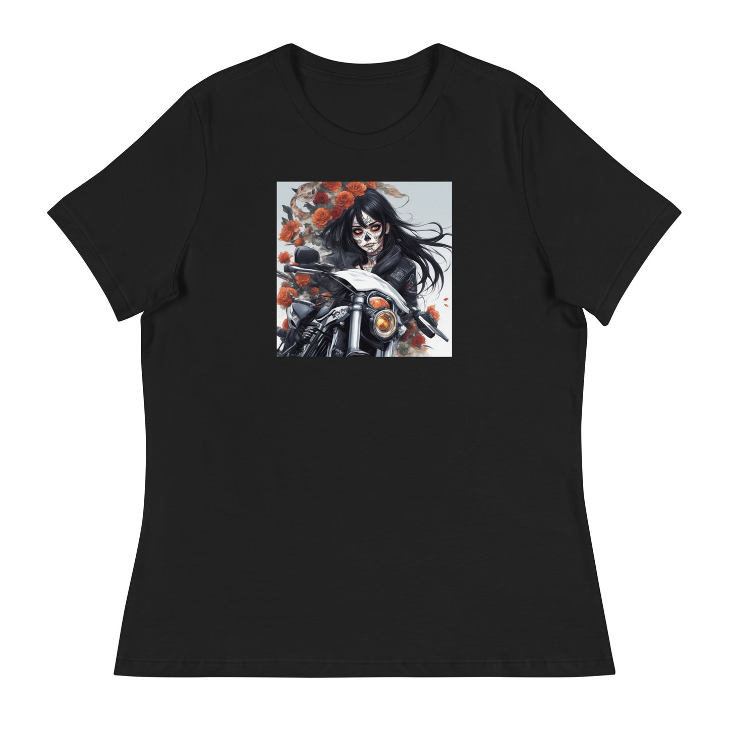 Day of the Dead Biker Close Up Women's Anime T-Shirt Black