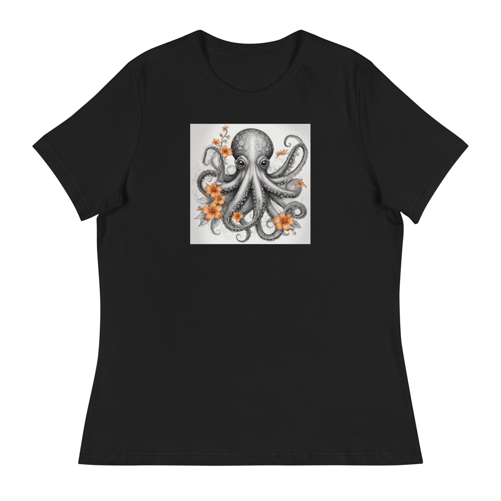 Octopus with Orange Flowers Women's Animal Lover T-Shirt Black