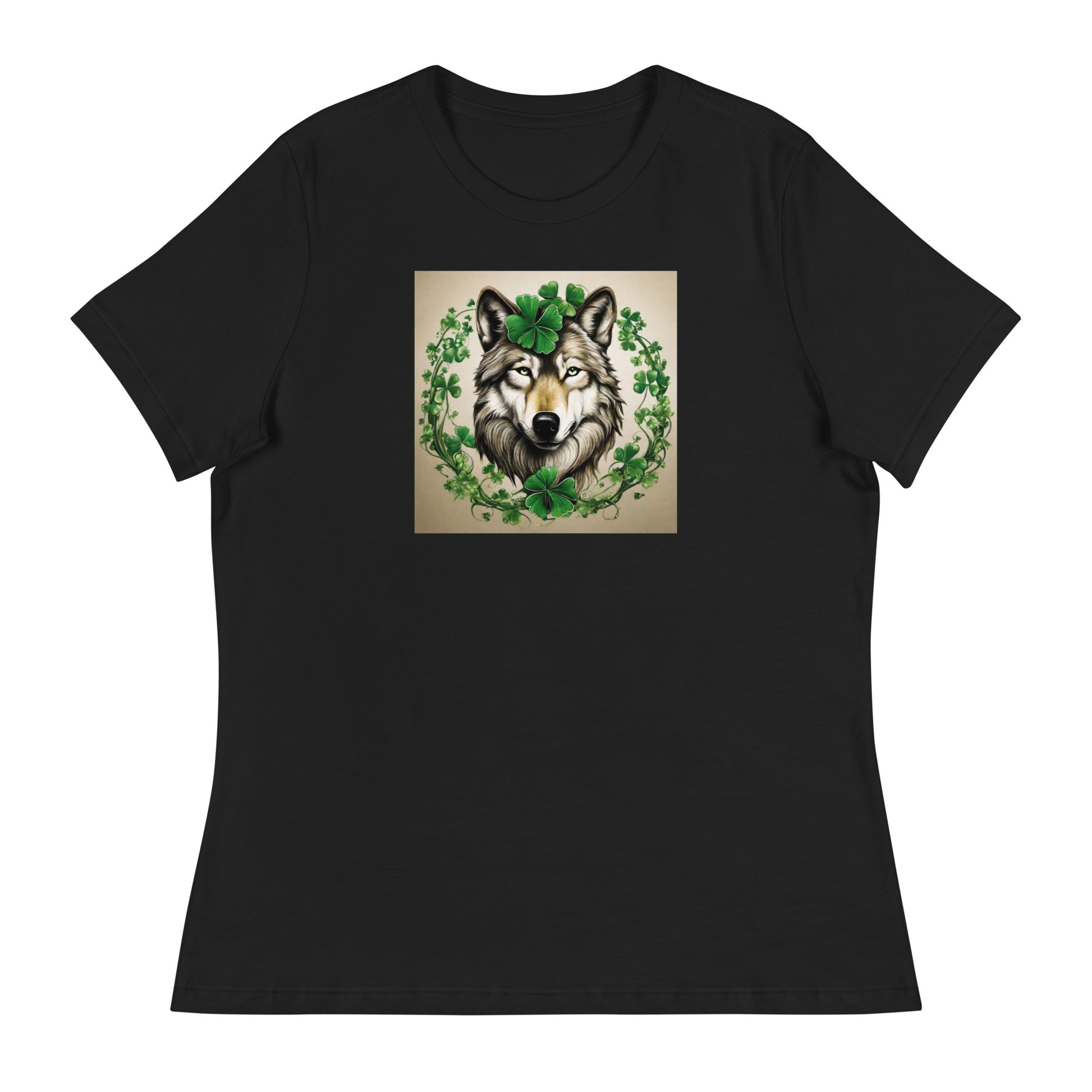 Wolf & Shamrocks Women's St Patrick's Day T-Shirt Black