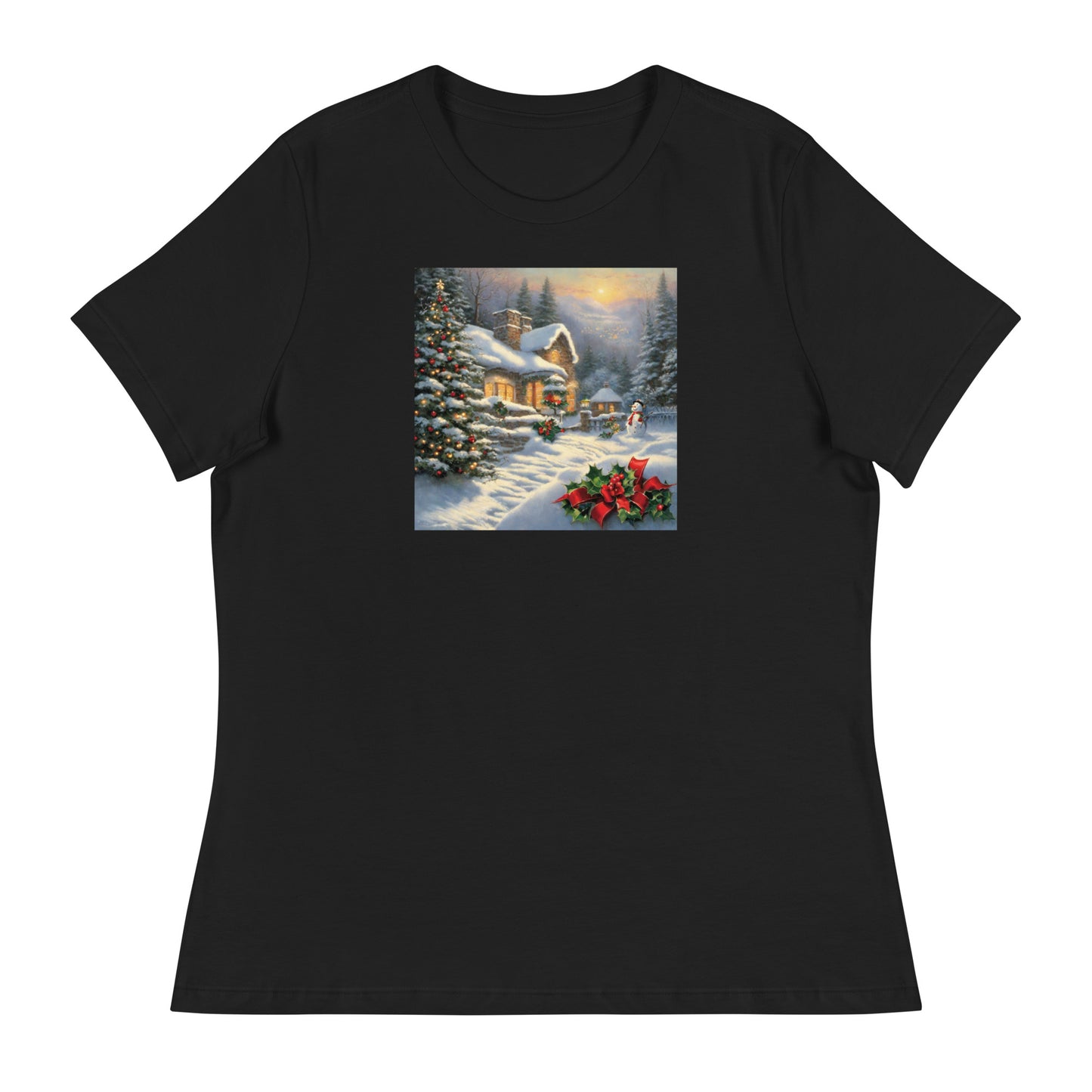 Snowy Winter Scene Women's Christmas T-Shirt Black