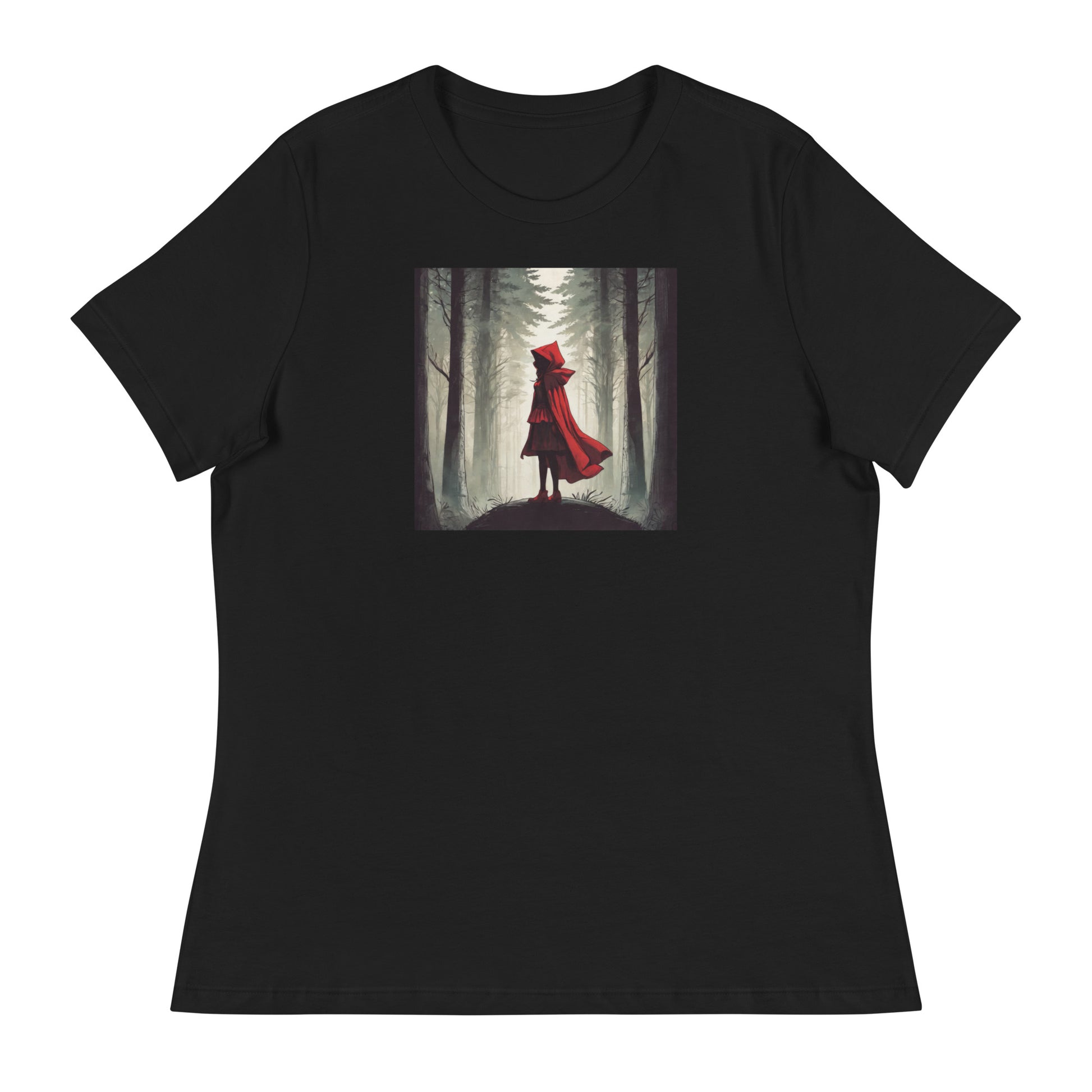 Bold Red Riding Hood in Forest Women's Fairy Tale T-Shirt Black