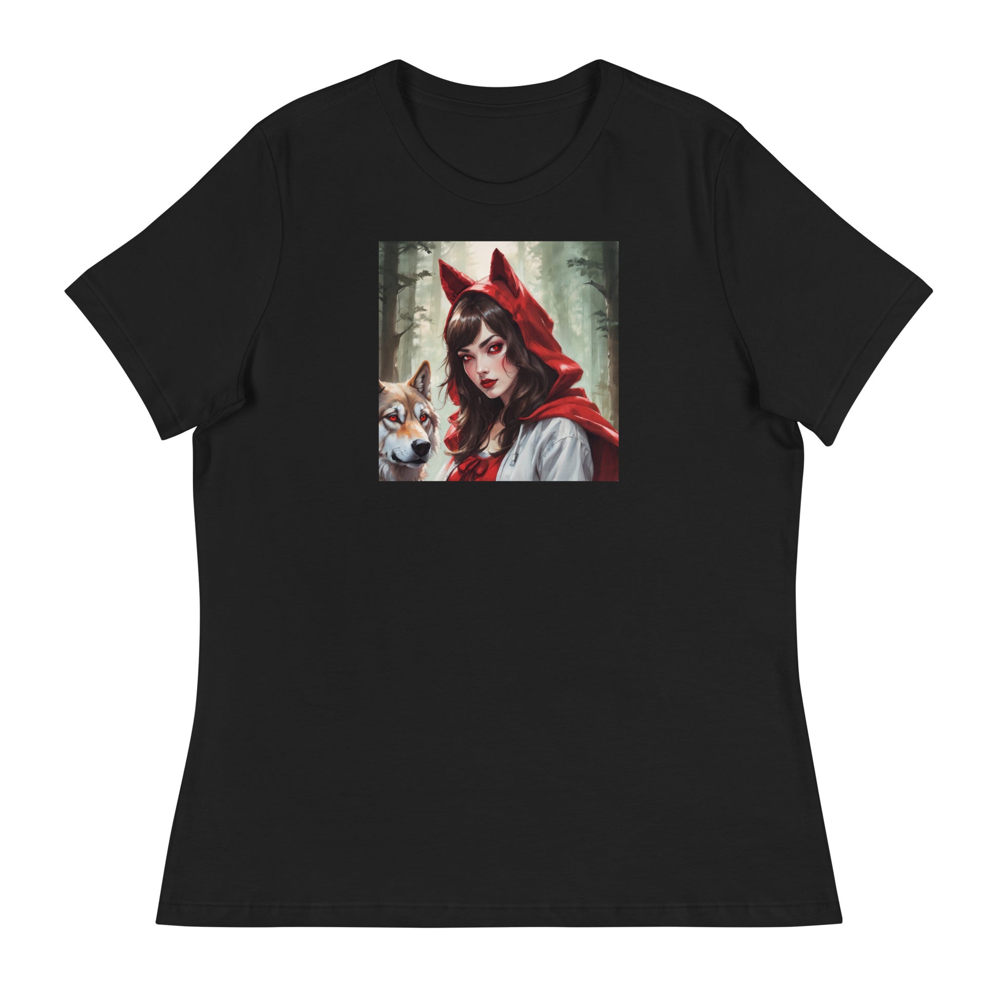 Red Riding Hood Colluding with the Wolf Women's Fairy Tale T-Shirt Black