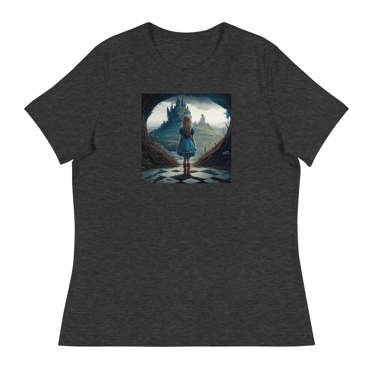 Alice Entering Wonderland Women's Fantasy Graphic Tee Dark Grey Heather