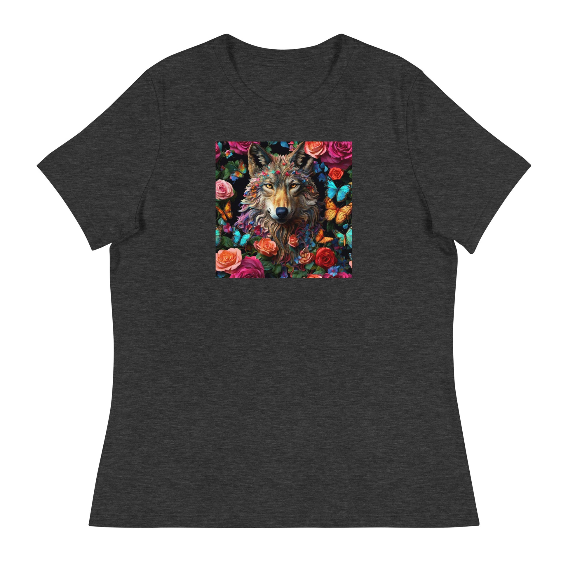 Wolf and Roses Women's Animal Lover T-Shirt Dark Grey Heather