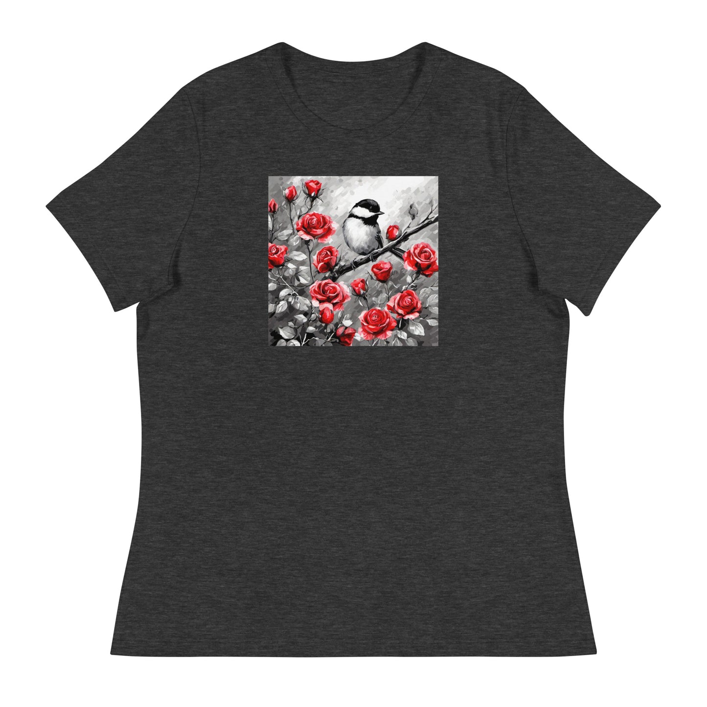 Chickadee Among Roses Women's Bird Lover T-Shirt Dark Grey Heather