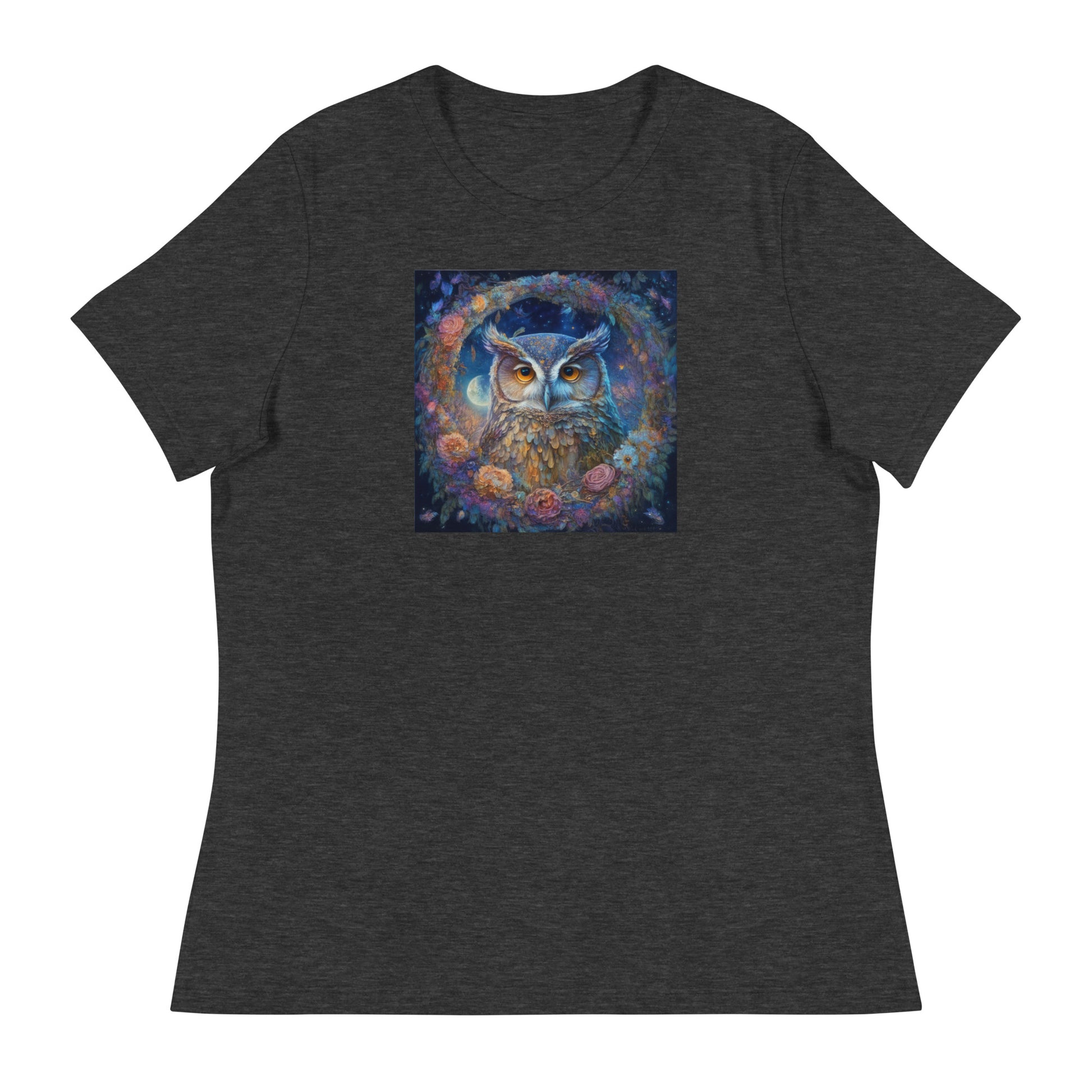 Owl Wreath Women's Animal Lover T-Shirt Dark Grey Heather