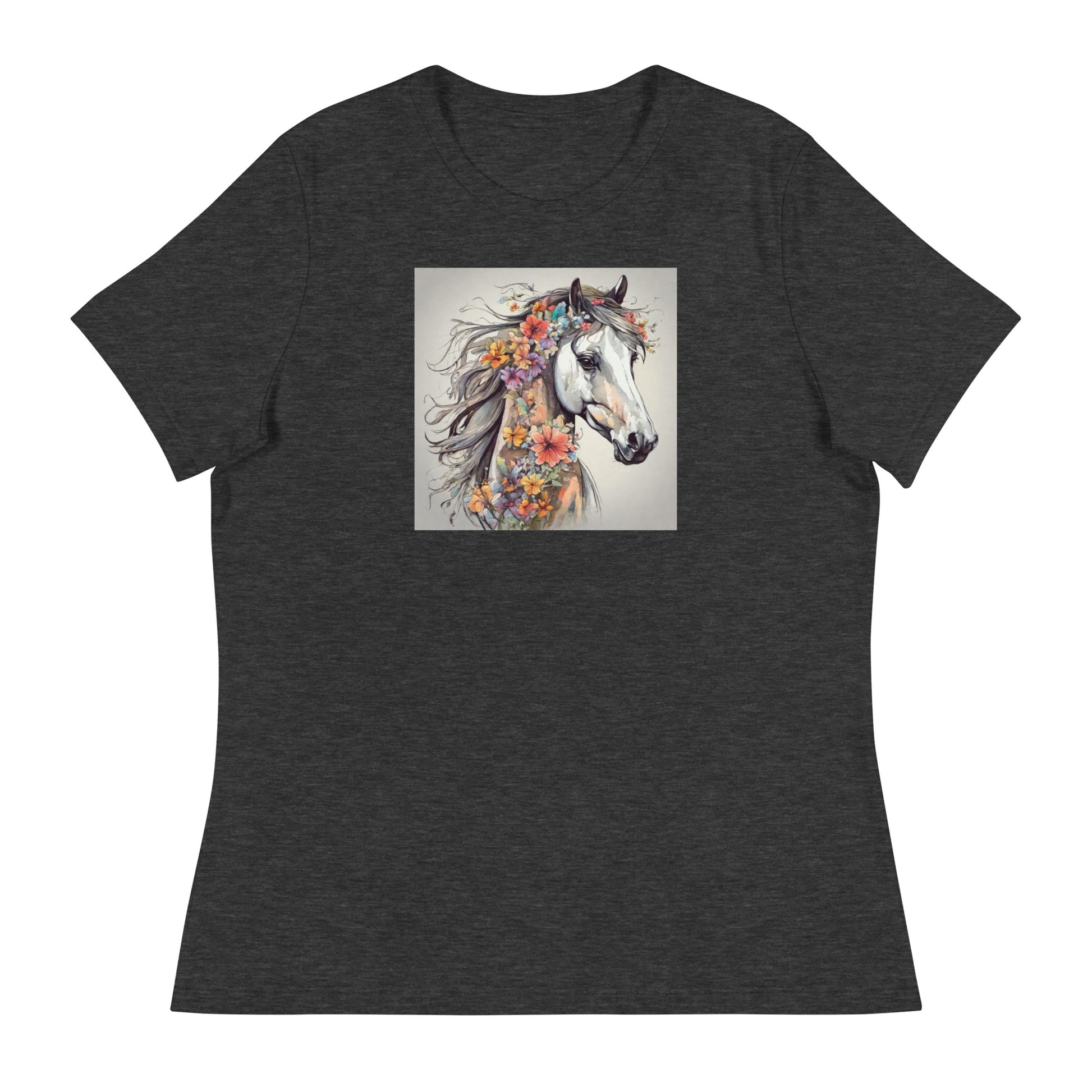 Horse with Flowers Women's Animal Lover T-Shirt Dark Grey Heather