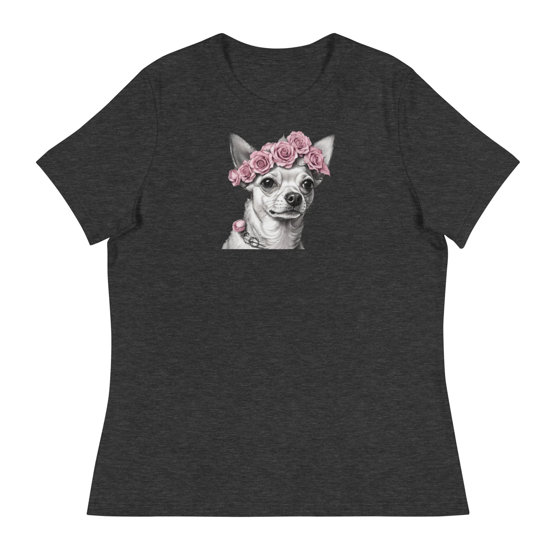 Chihuahua with Pink Rose Wreath Women's Dog Lover T-Shirt Dark Grey Heather