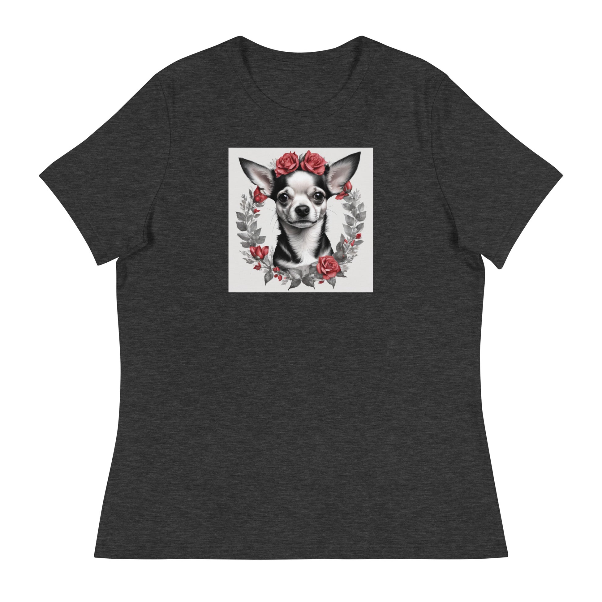 Chihuahua with Red Rose Wreath Women's Dog Lover T-Shirt Dark Grey Heather