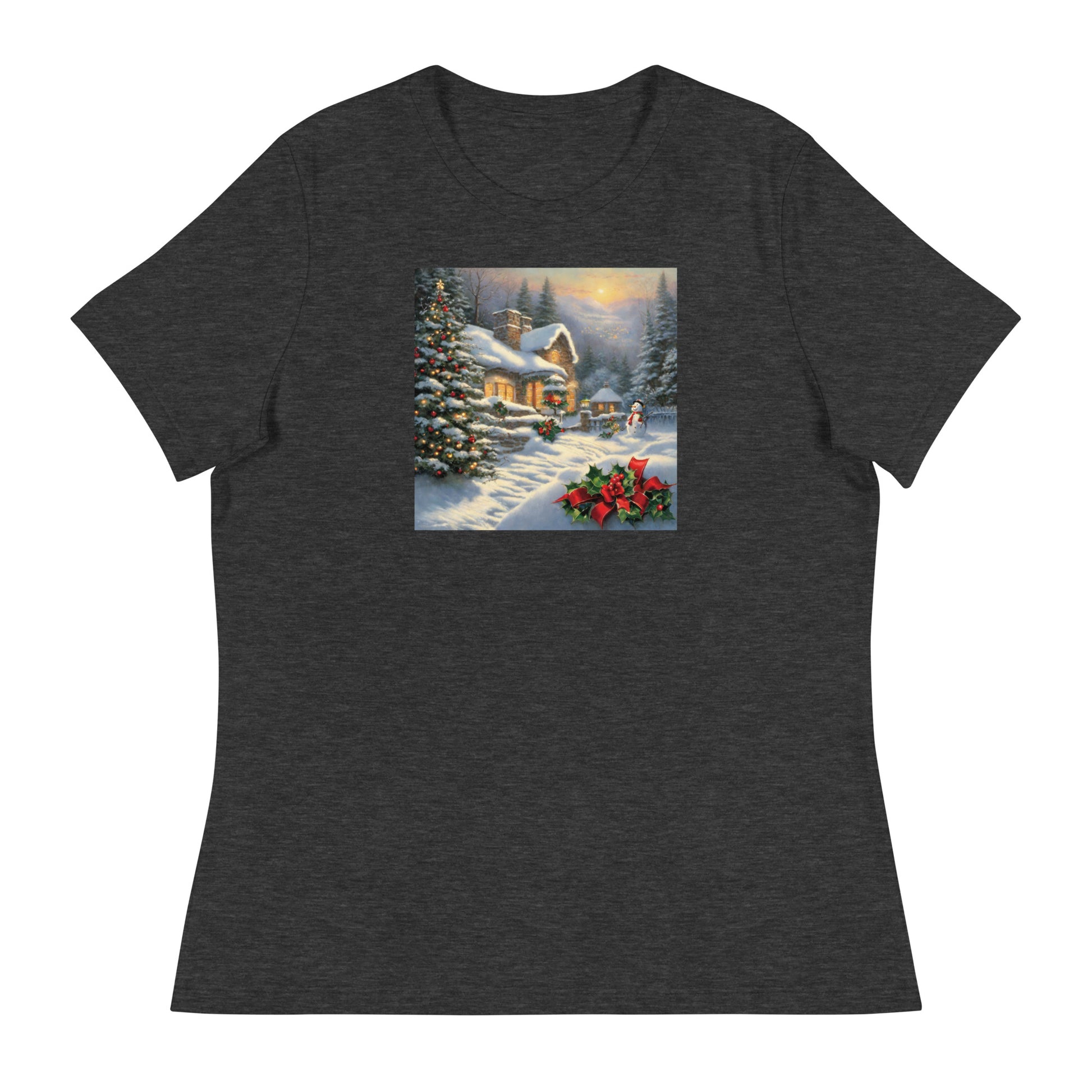 Snowy Winter Scene Women's Christmas T-Shirt Dark Grey Heather