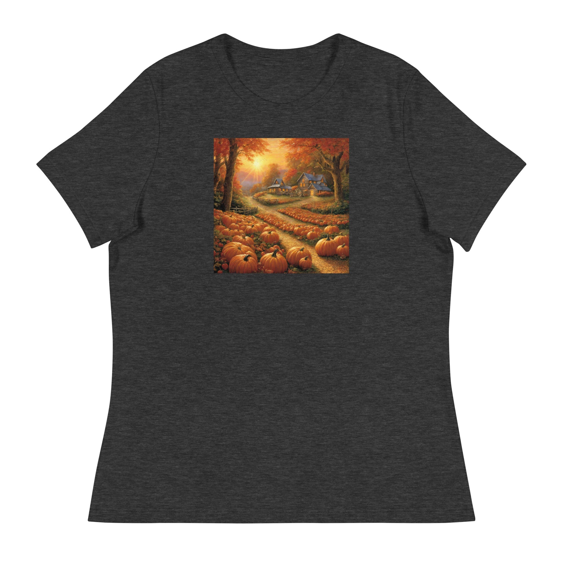 Fall Pumpkin Scene Women's Autumn T-Shirt Dark Grey Heather