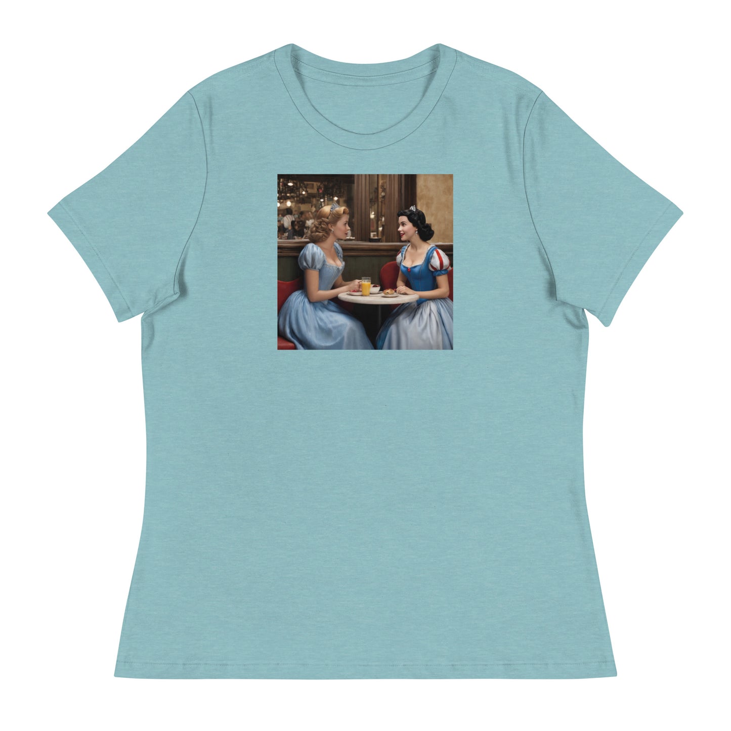 Cinderella and Snow White at a Cafe T-Shirt Heather Blue Lagoon