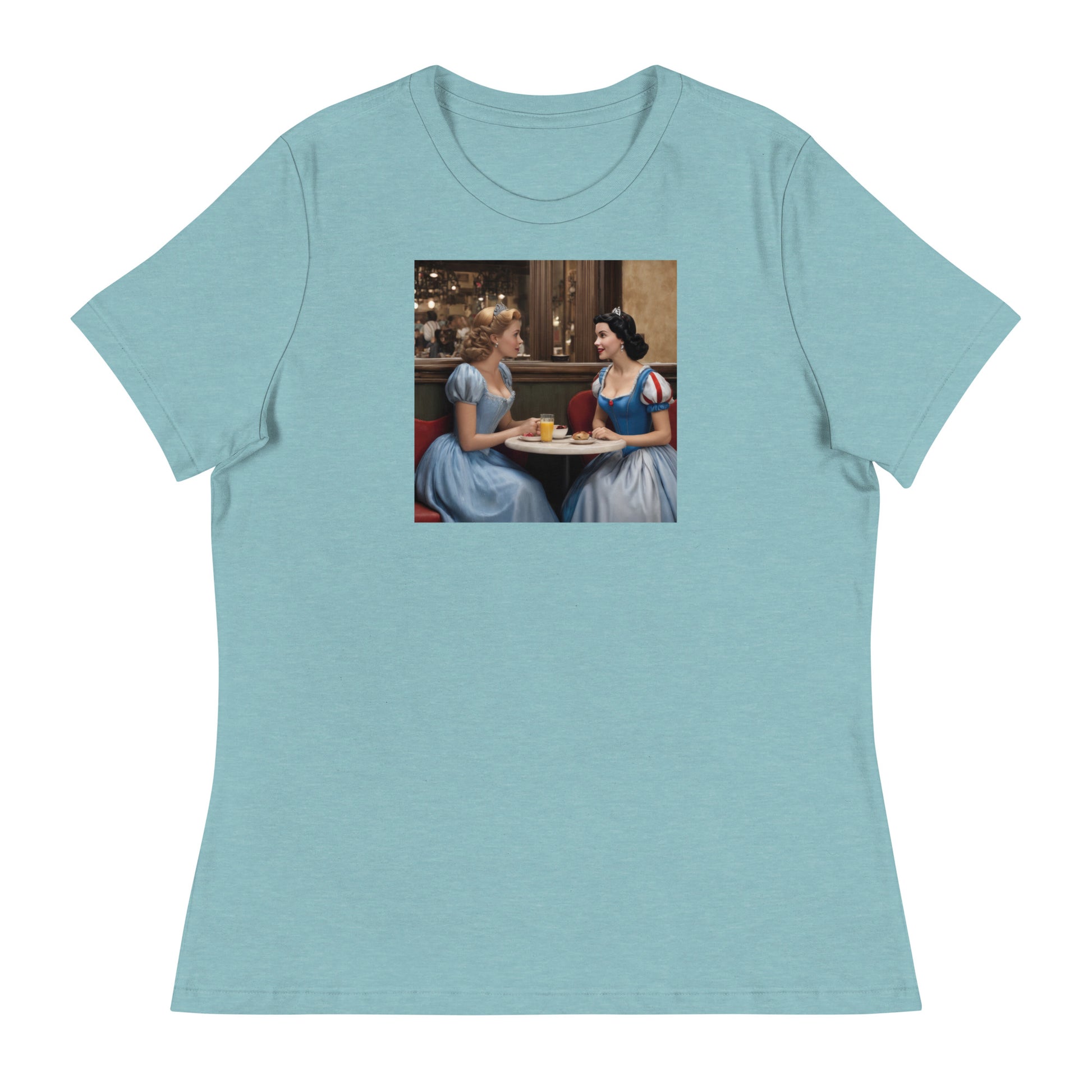 Cinderella and Snow White at a Cafe T-Shirt Heather Blue Lagoon