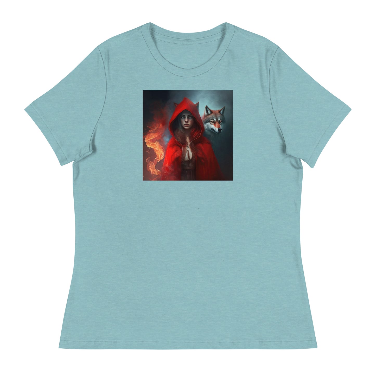 Fiery Red Riding Hood & Wolf Women's T-Shirt Heather Blue Lagoon