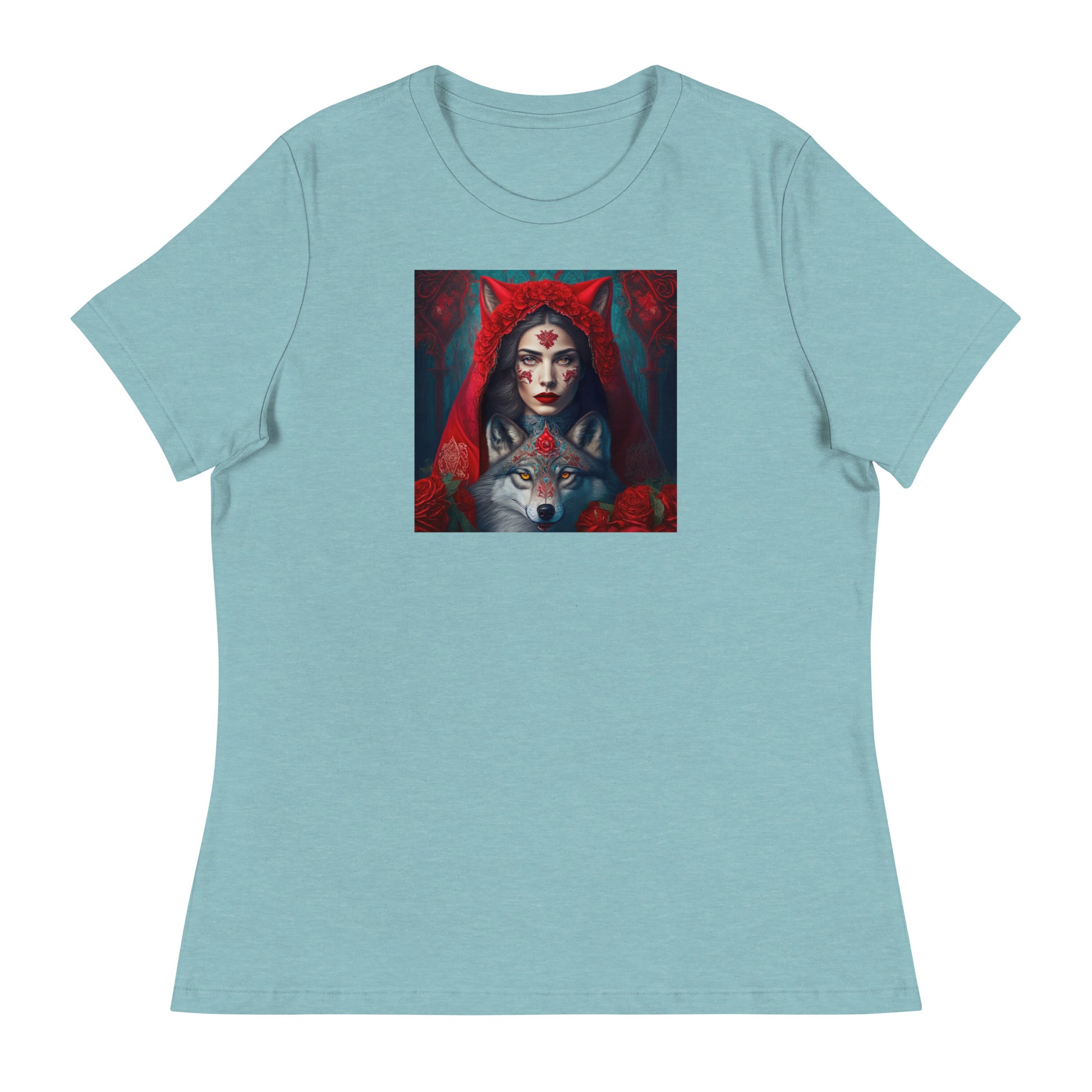 Red Riding Hood Unites with the Wolf Women's T-Shirt Heather Blue Lagoon