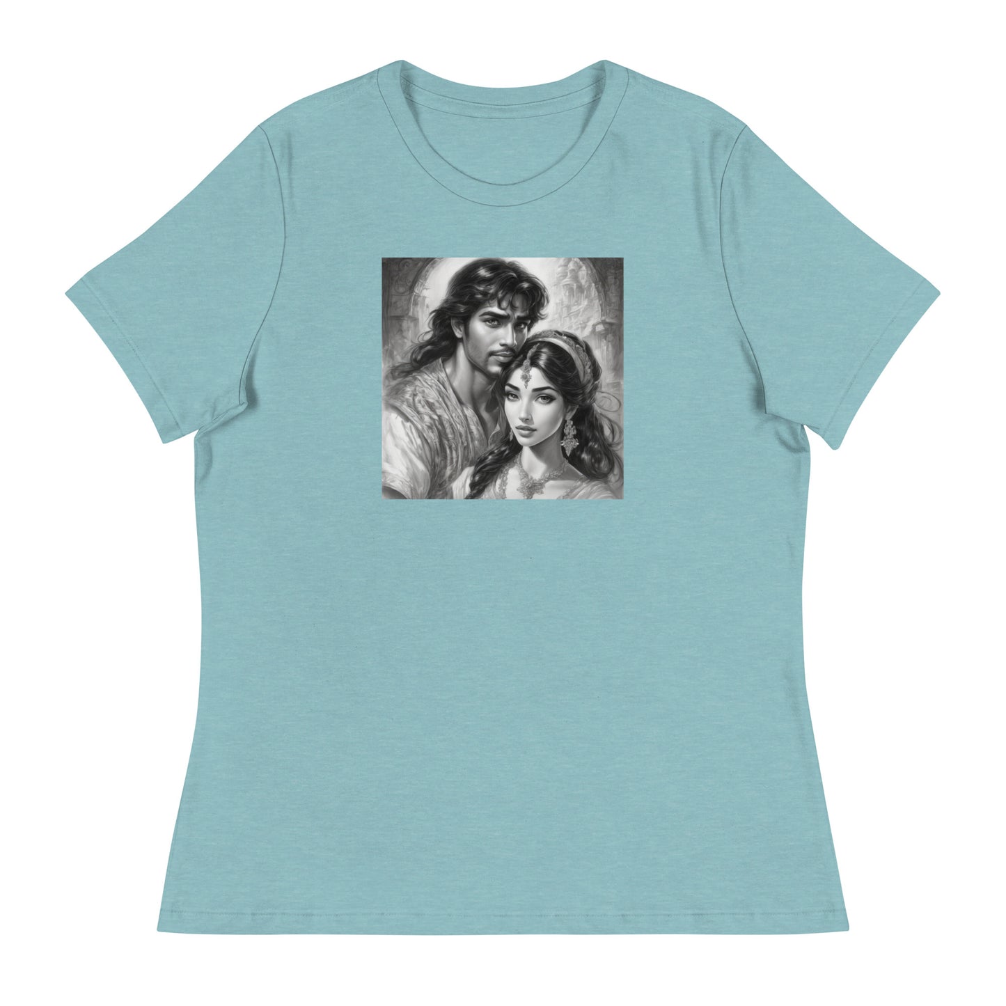 Jasmine & Aladdin Portrait Women's Fairy Tale T-Shirt Heather Blue Lagoon