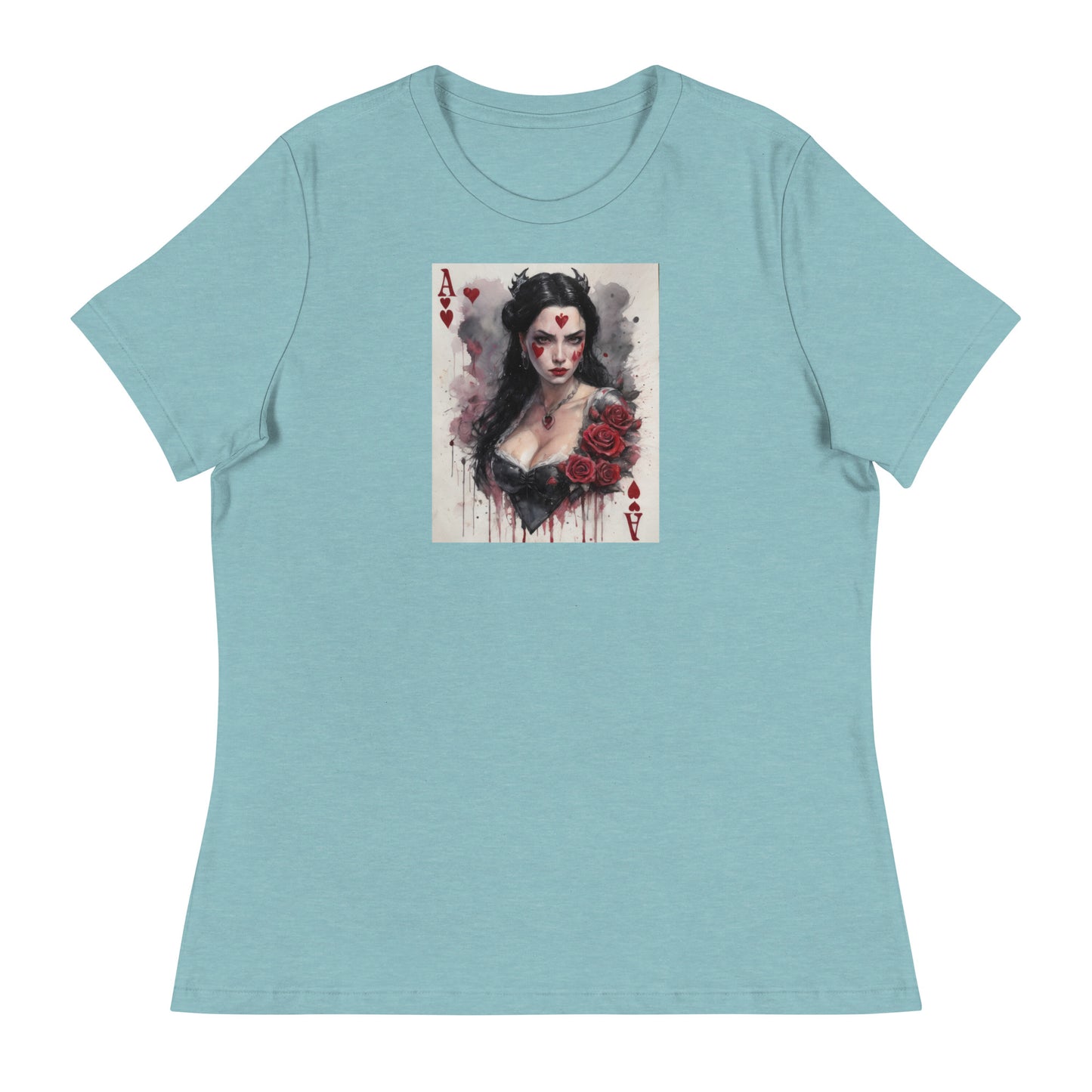 Queen of Hearts Playing Card Women's T-Shirt Heather Blue Lagoon