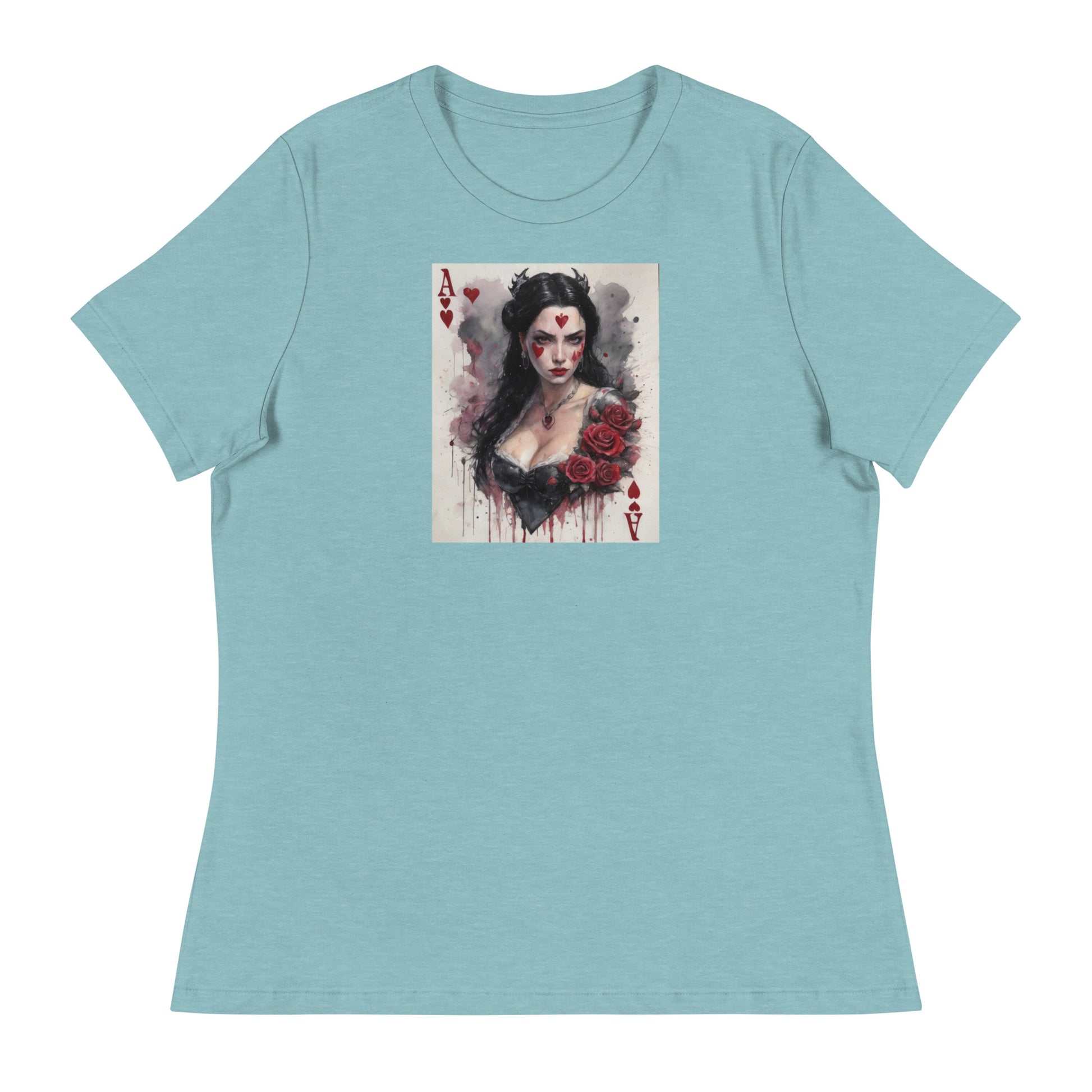 Queen of Hearts Playing Card Women's T-Shirt Heather Blue Lagoon