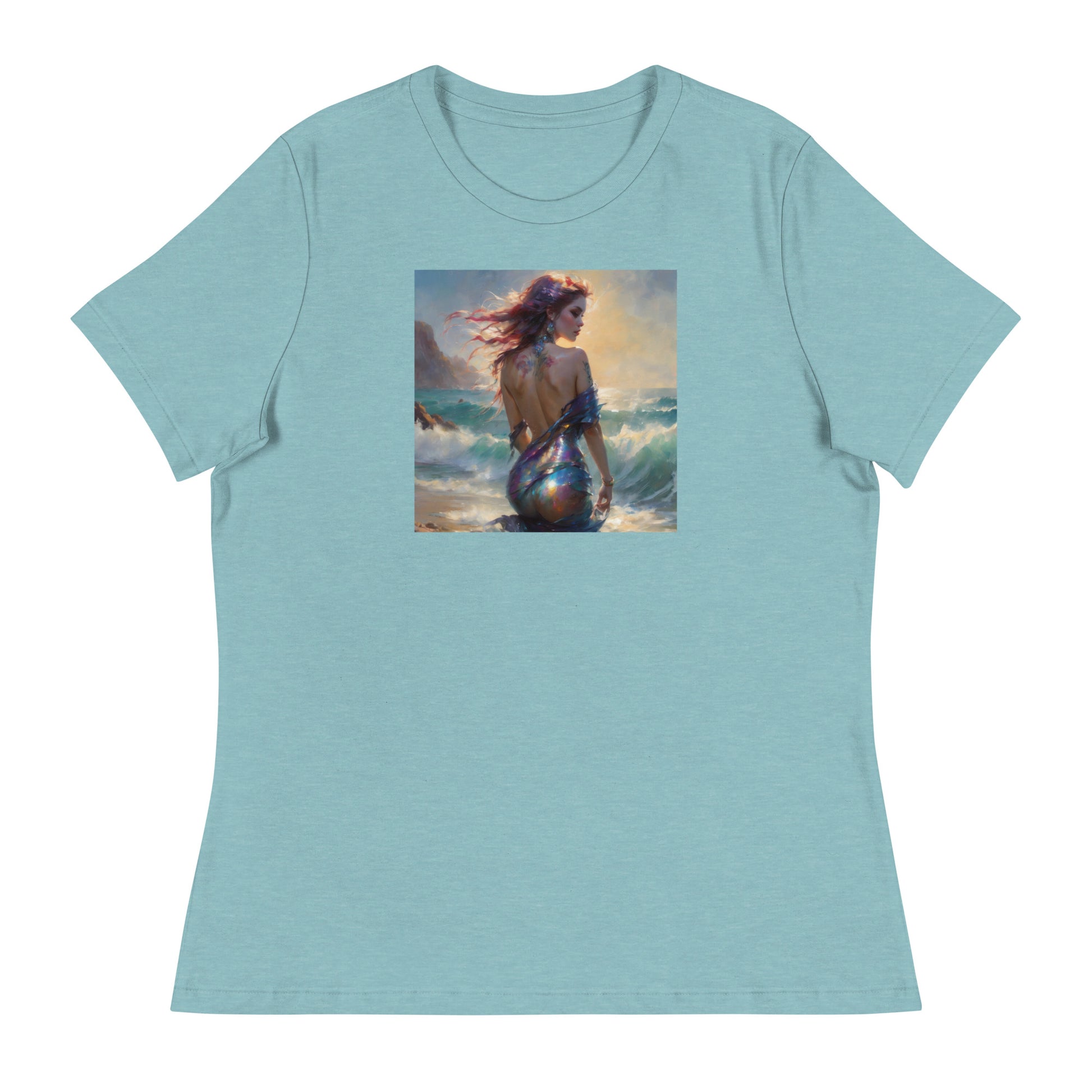 Enchanting Mermaid on Beach Women's Fantasy T-Shirt Heather Blue Lagoon