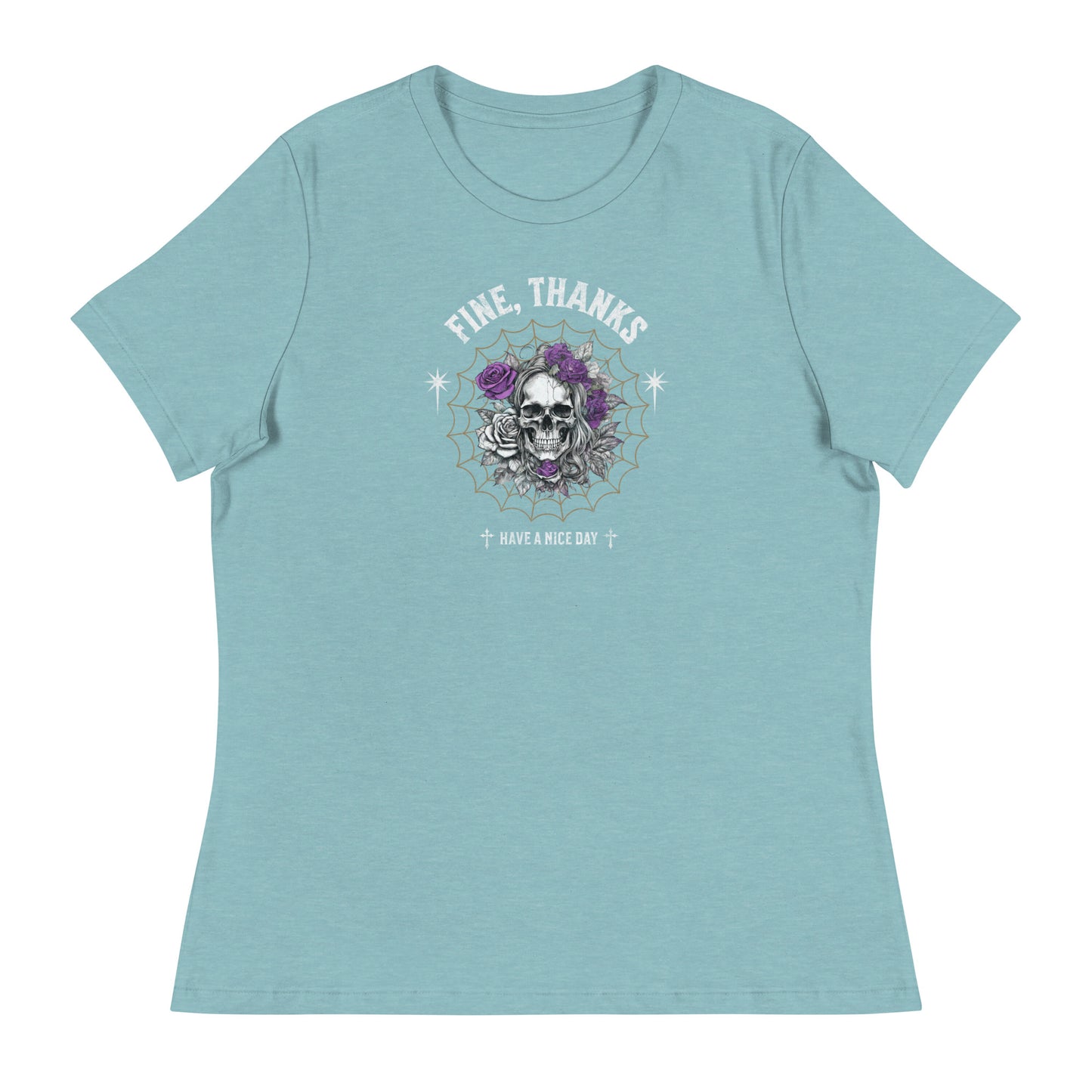 Fine Thanks Skull Women's Funny T-Shirt Heather Blue Lagoon