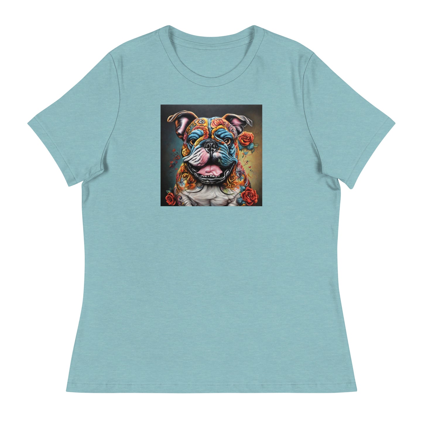 Day of the Dead Bulldog Women's Dog Lover Tee Heather Blue Lagoon