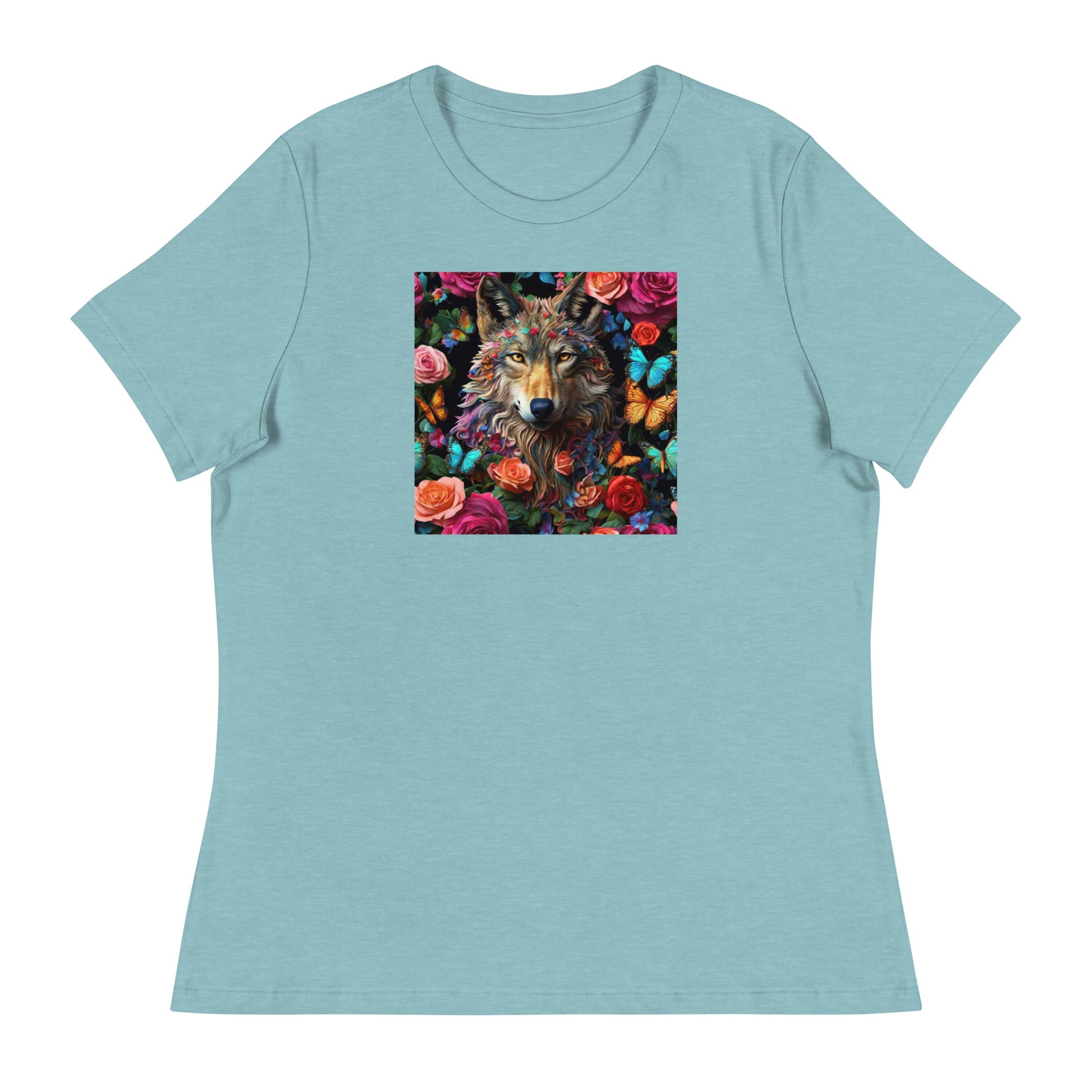 Wolf and Roses Women's Animal Lover T-Shirt Heather Blue Lagoon