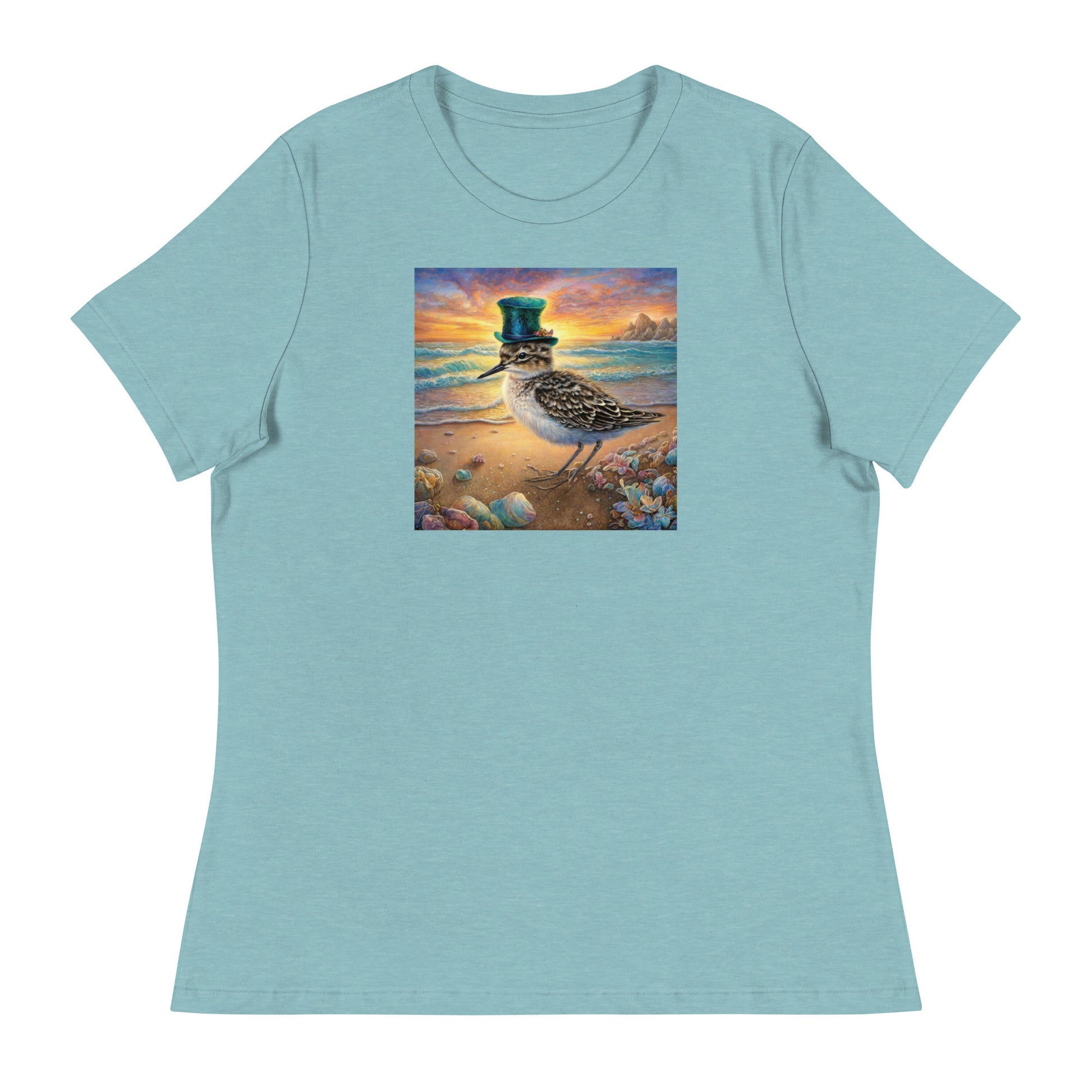 Sandpiper in Top Hat Women's Beach T-Shirt Heather Blue Lagoon