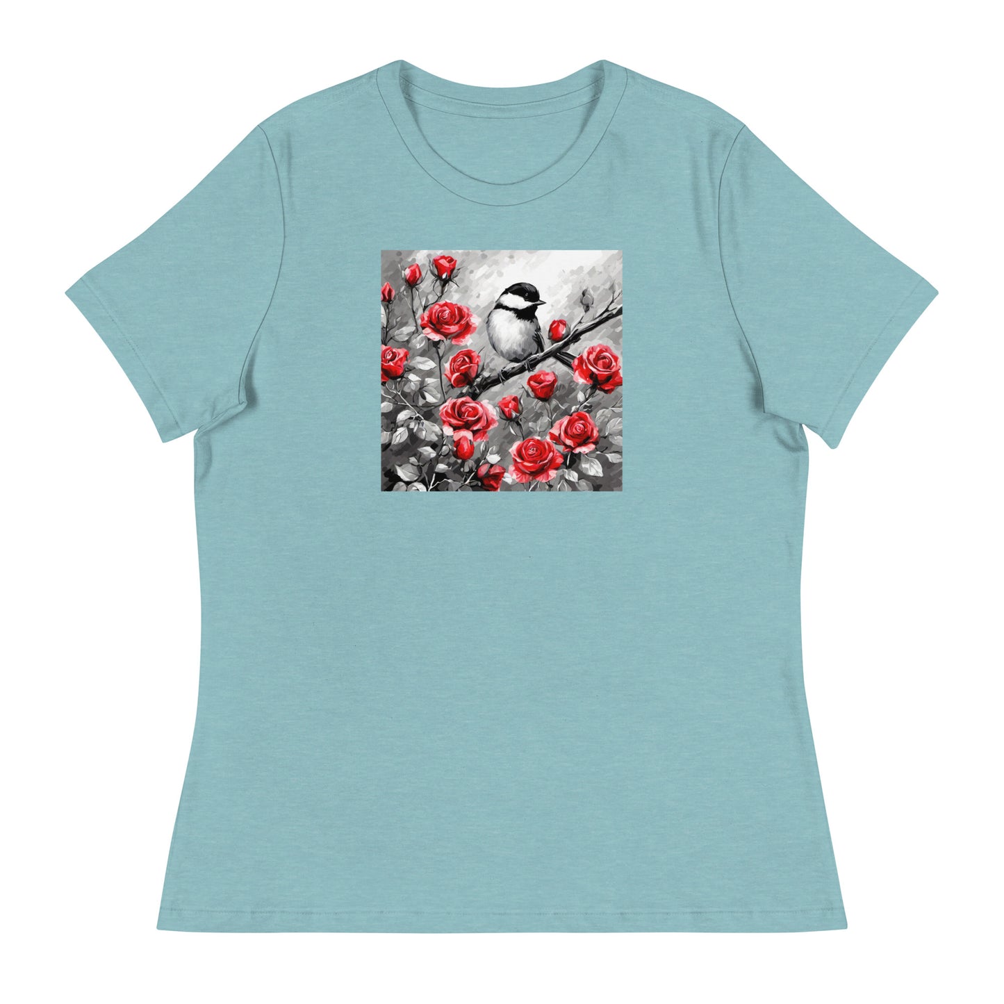 Chickadee Among Roses Women's Bird Lover T-Shirt Heather Blue Lagoon