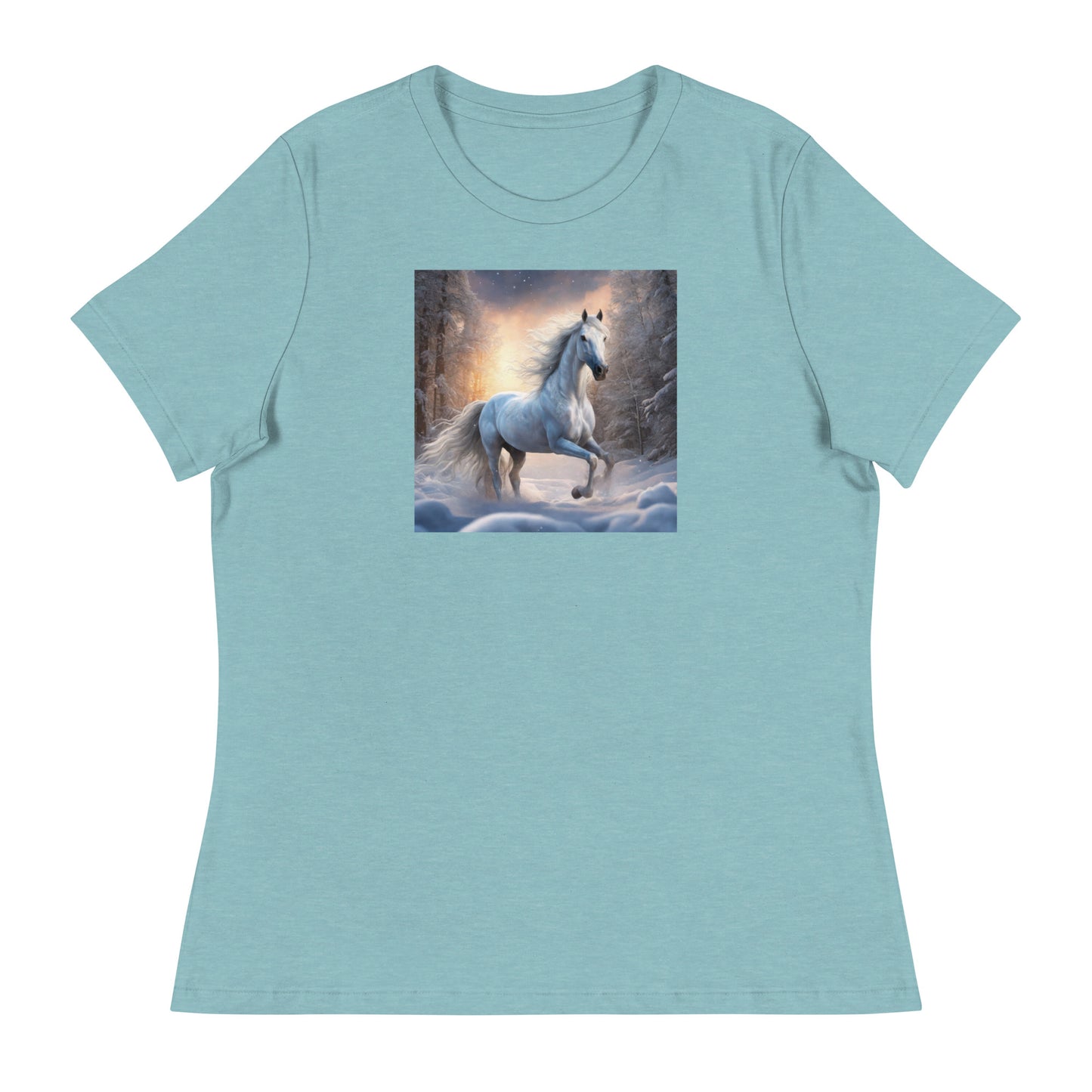 Beautiful White Winter Horse Women's Animal Lover T-Shirt Heather Blue Lagoon