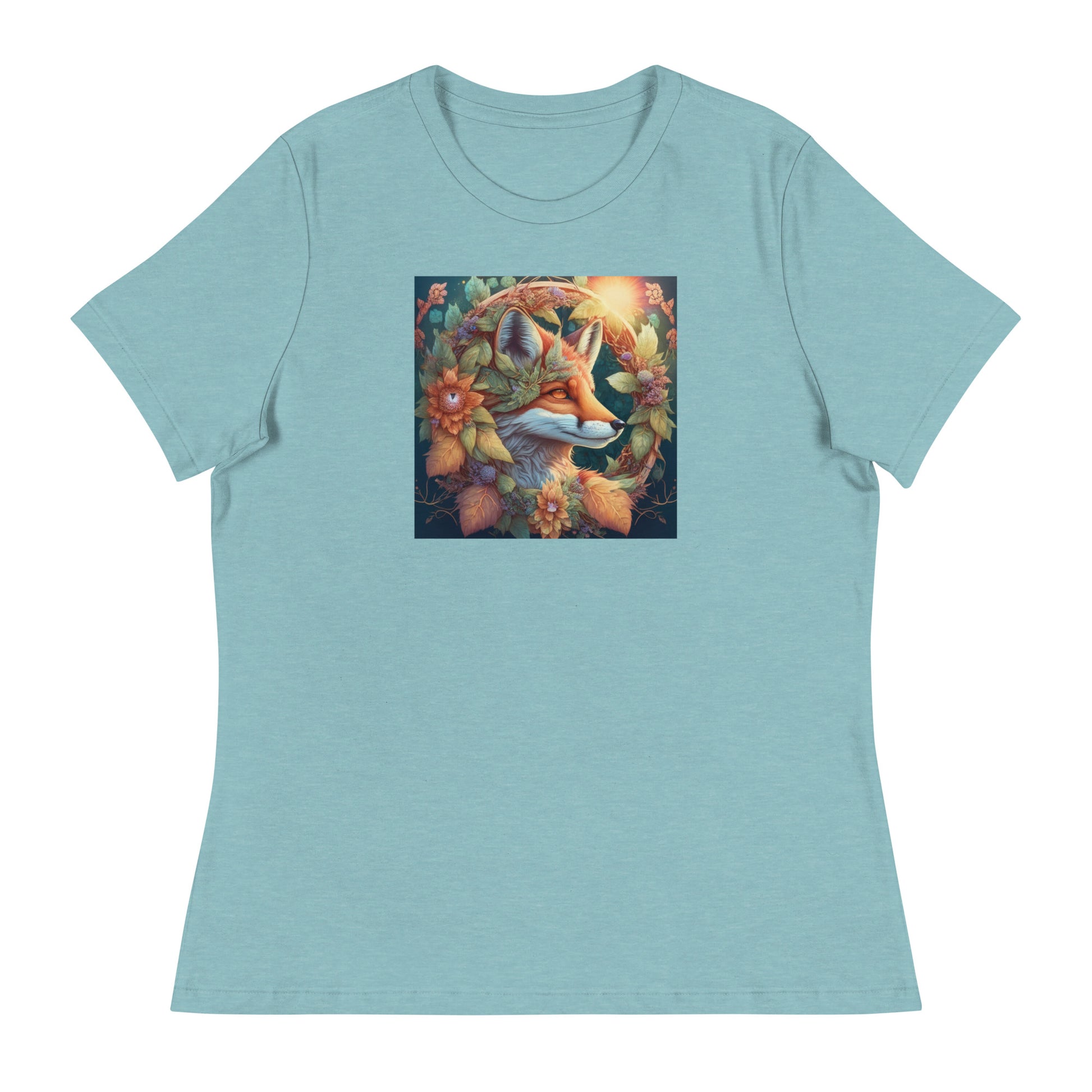 Red Fox Wreath Women's Animal Lover T-Shirt Heather Blue Lagoon