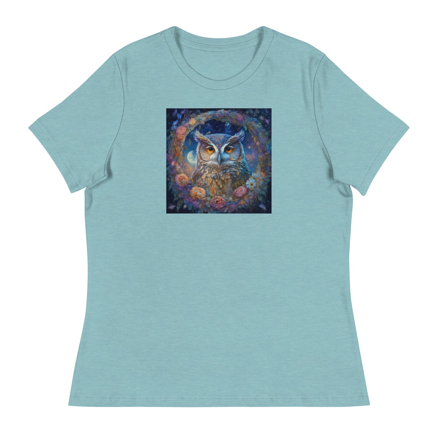 Owl Wreath Women's Animal Lover T-Shirt Heather Blue Lagoon