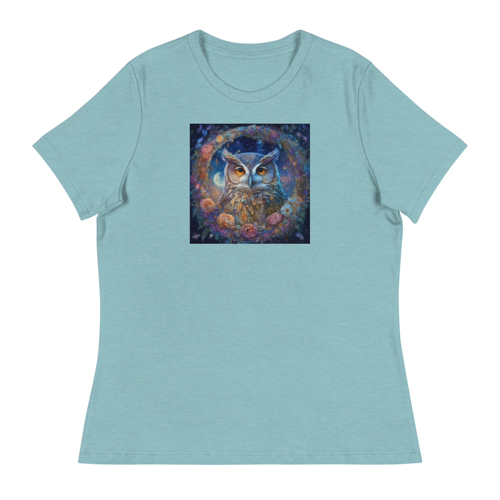 Owl Wreath Women's Animal Lover T-Shirt Heather Blue Lagoon