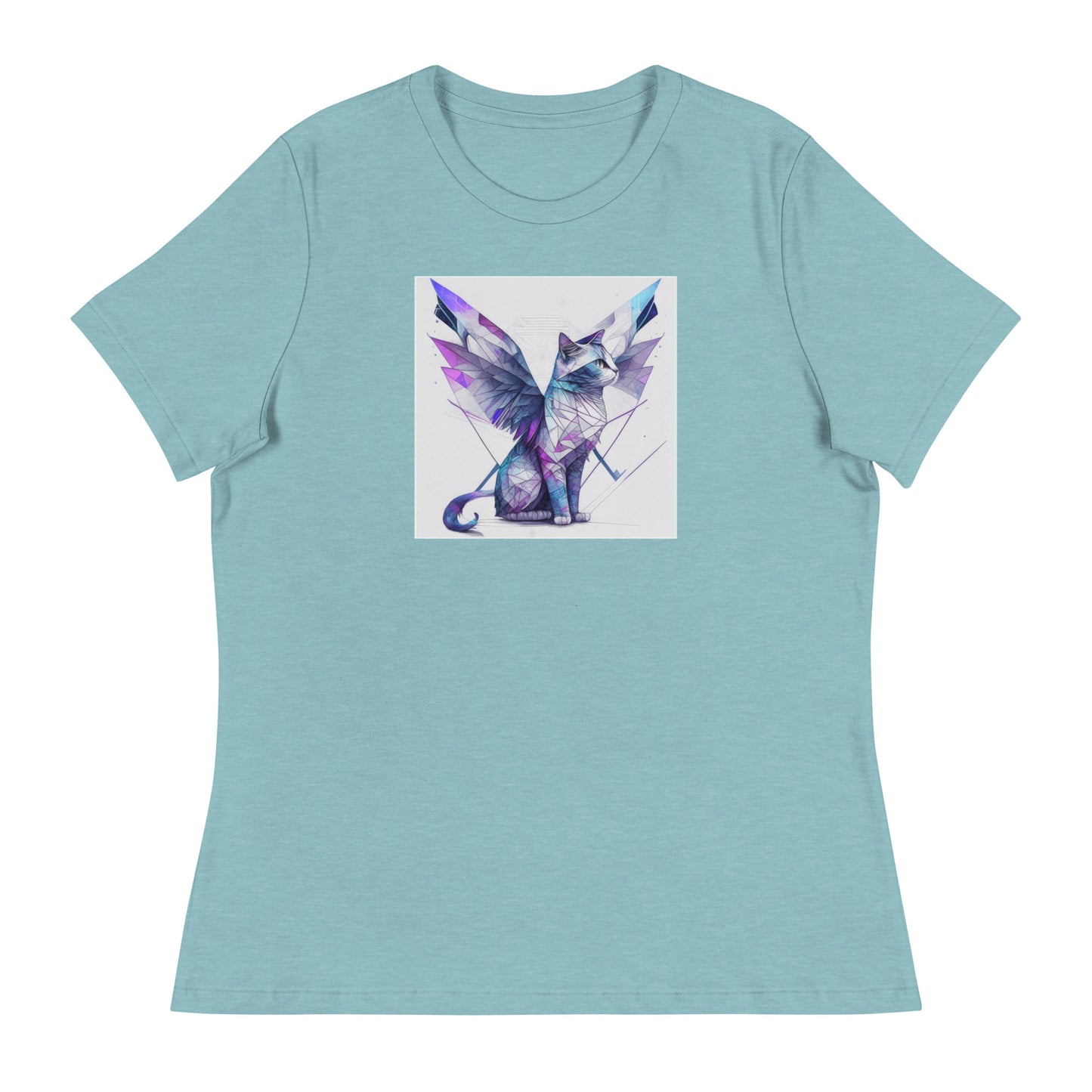 Geometric Cat with Wings Women's Cat Lover T-Shirt Heather Blue Lagoon