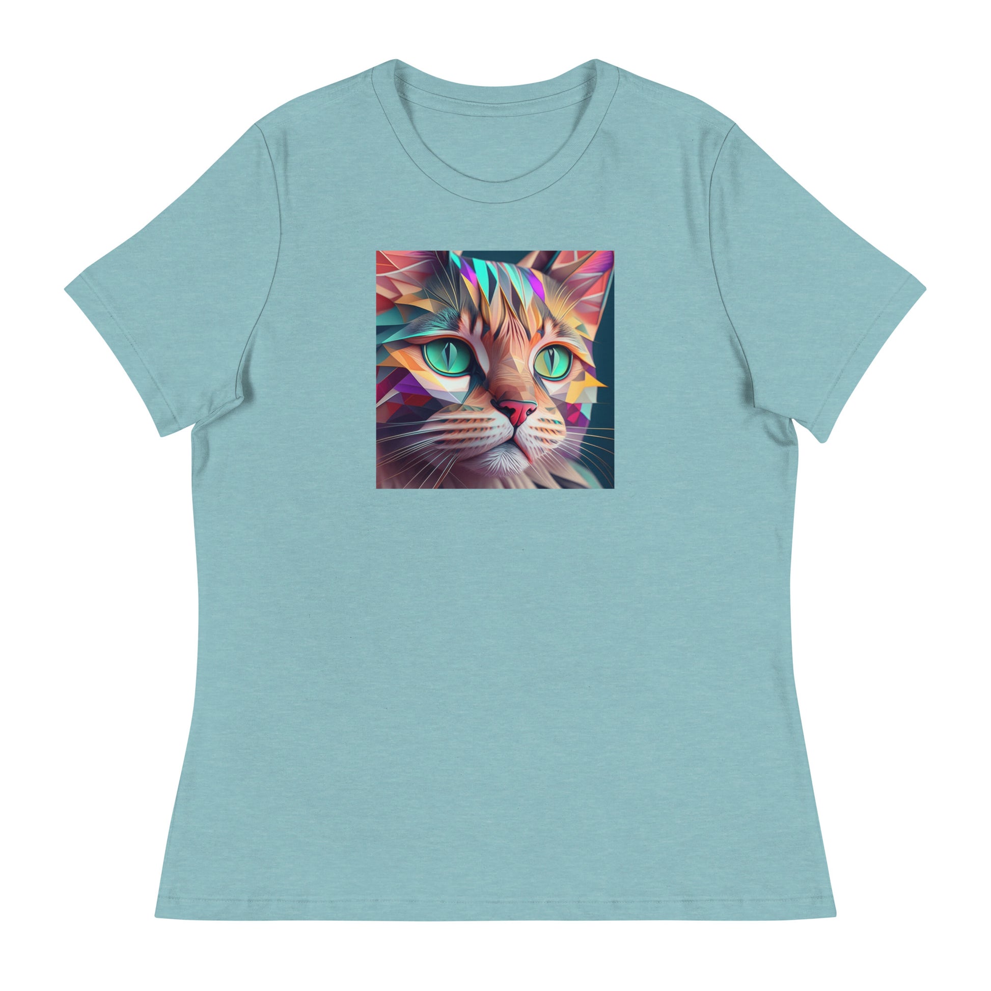 Geometric Cat Women's Cat Lover T-Shirt Heather Blue Lagoon