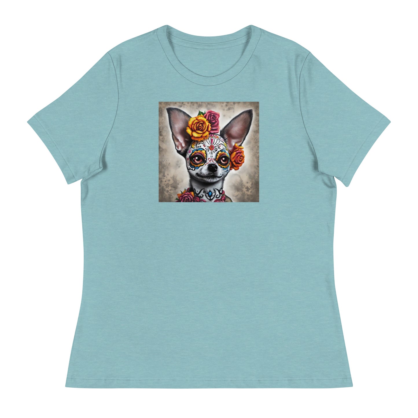 Day of the Dead Chihuahua Women's Dog Lover T-Shirt Heather Blue Lagoon